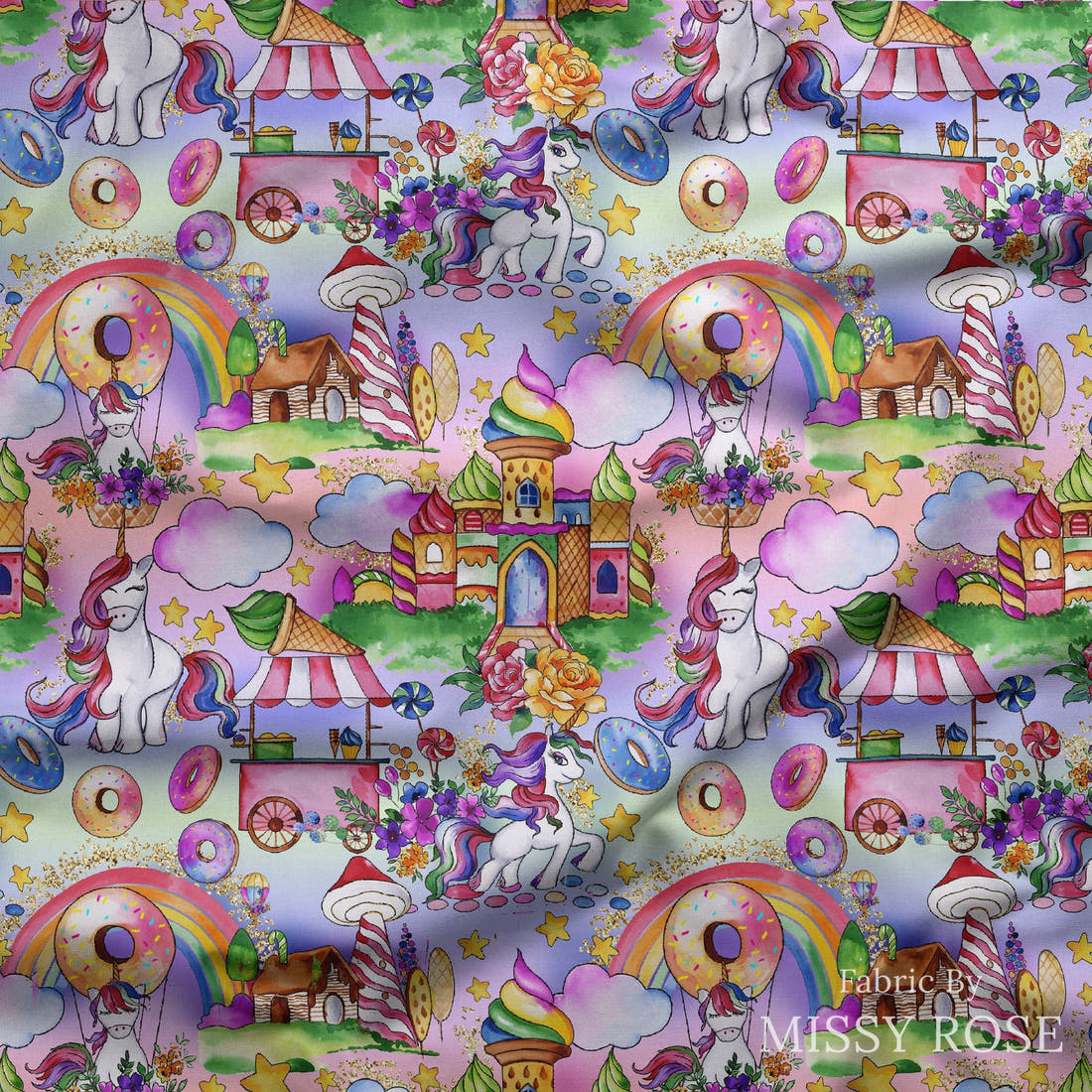 Design 299 Candyland Fabric draped fabric mockup – custom printed fabric by the metre | Fabric by Missy Rose