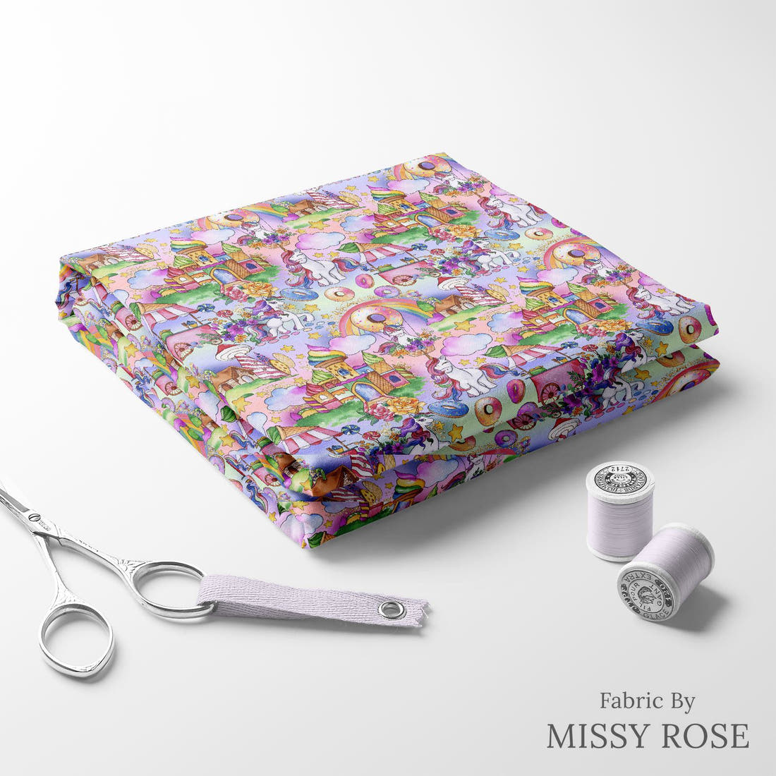 Design 299 Candyland Fabric folded fabric stack with matching thread – pre-order fabric Australia | Fabric by Missy Rose