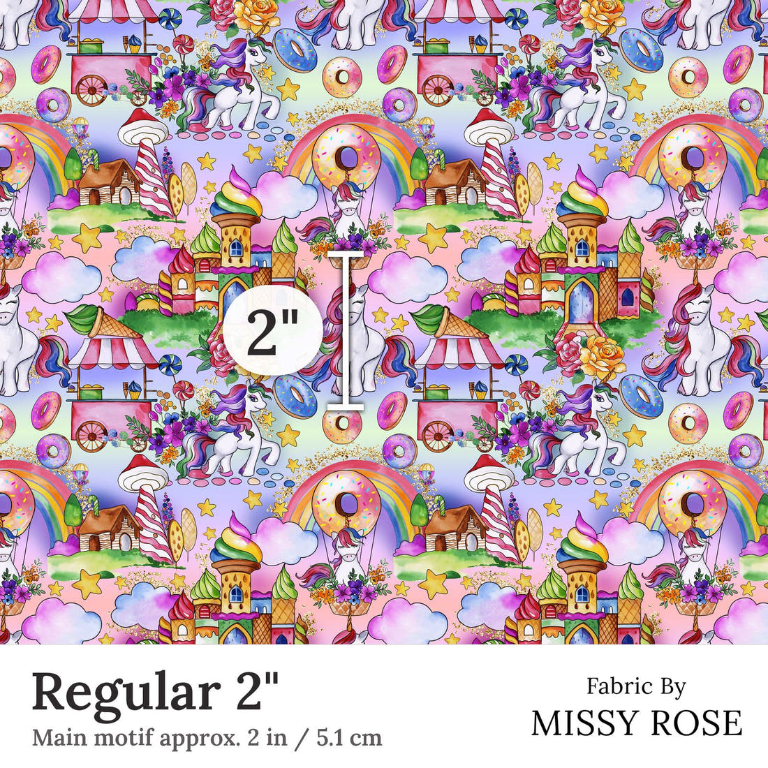 Design 299 Candyland Fabric Regular 2 inch print scale guide | Fabric by Missy Rose