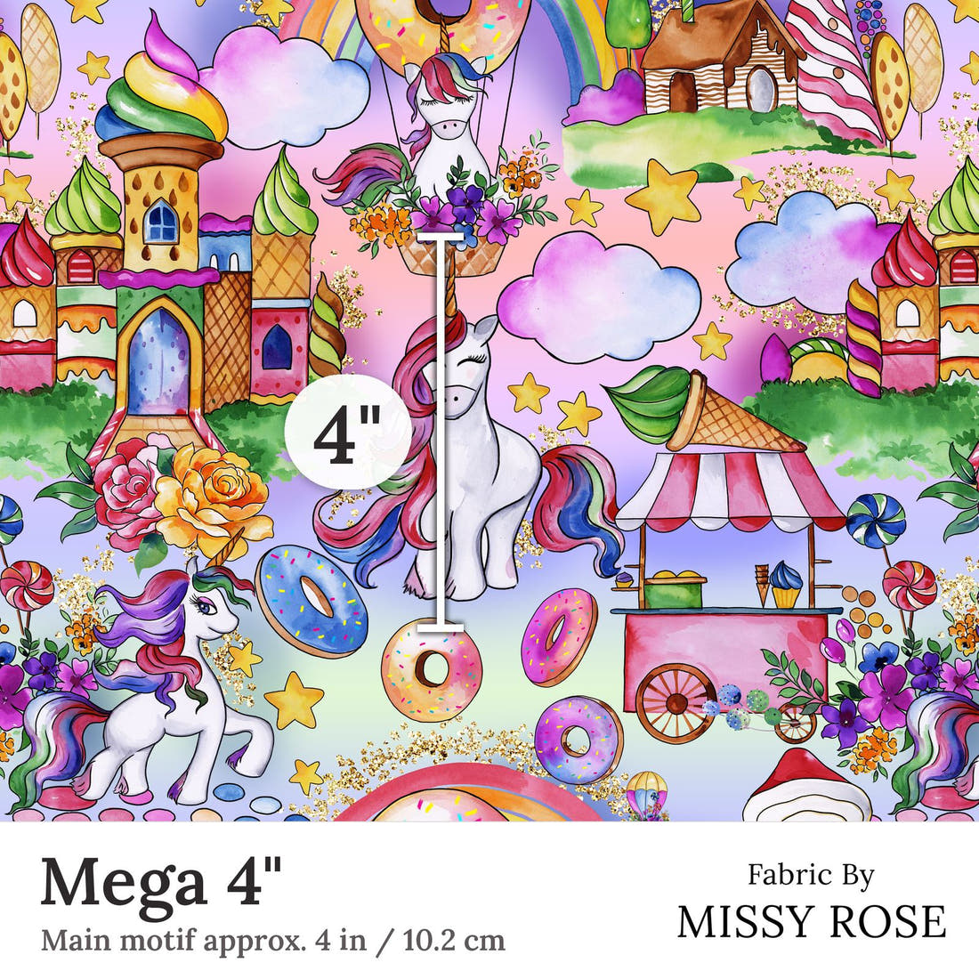 Design 299 Candyland Fabric Mega 4 inch print scale guide | Fabric by Missy Rose