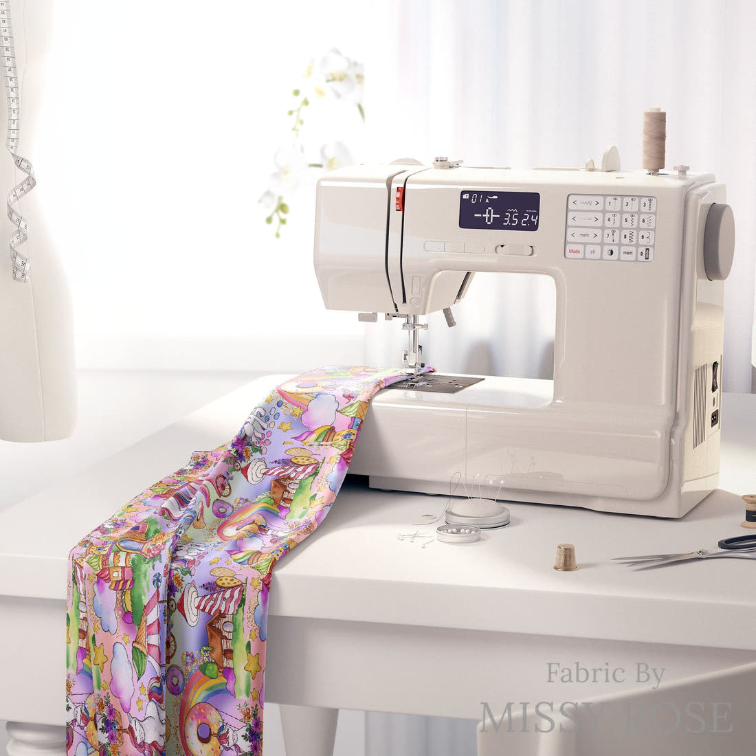 Design 299 Candyland Fabric on a sewing machine – premium fabric for sewing projects | Fabric by Missy Rose