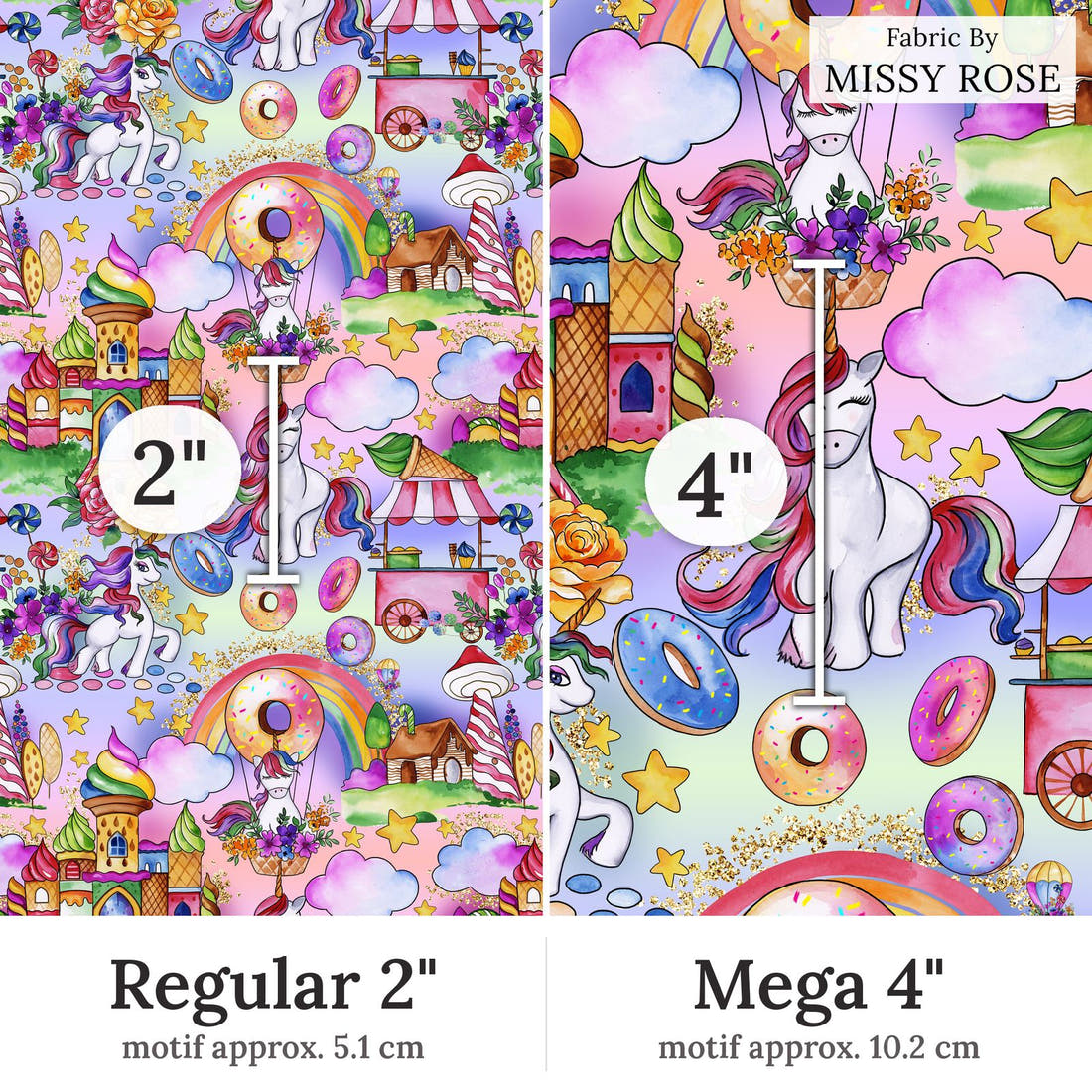 Design 299 Candyland Fabric Regular 2 inch vs Mega 4 inch print scale side by side | Fabric by Missy Rose