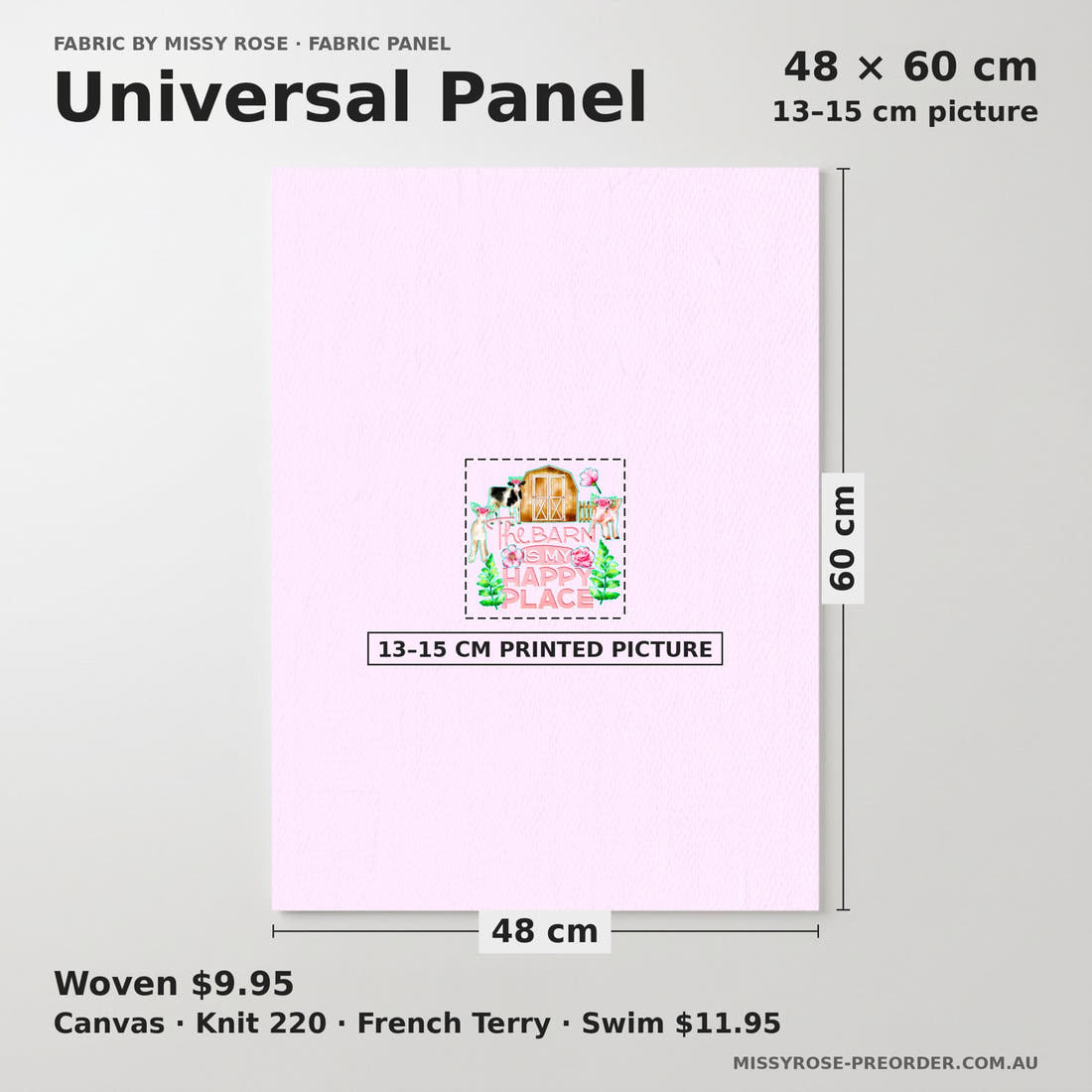 Design 3 Pink Farm Panel universal panel sizing – 13–15 cm printed picture on 48 × 60 cm fabric | Fabric by Missy Rose