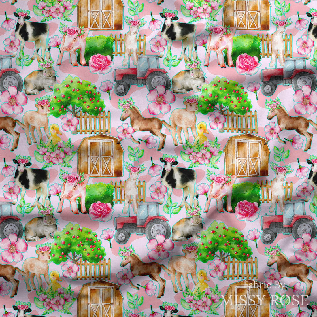 Design 3 Pink Farm Fabric draped fabric mockup – custom printed fabric by the metre | Fabric by Missy Rose