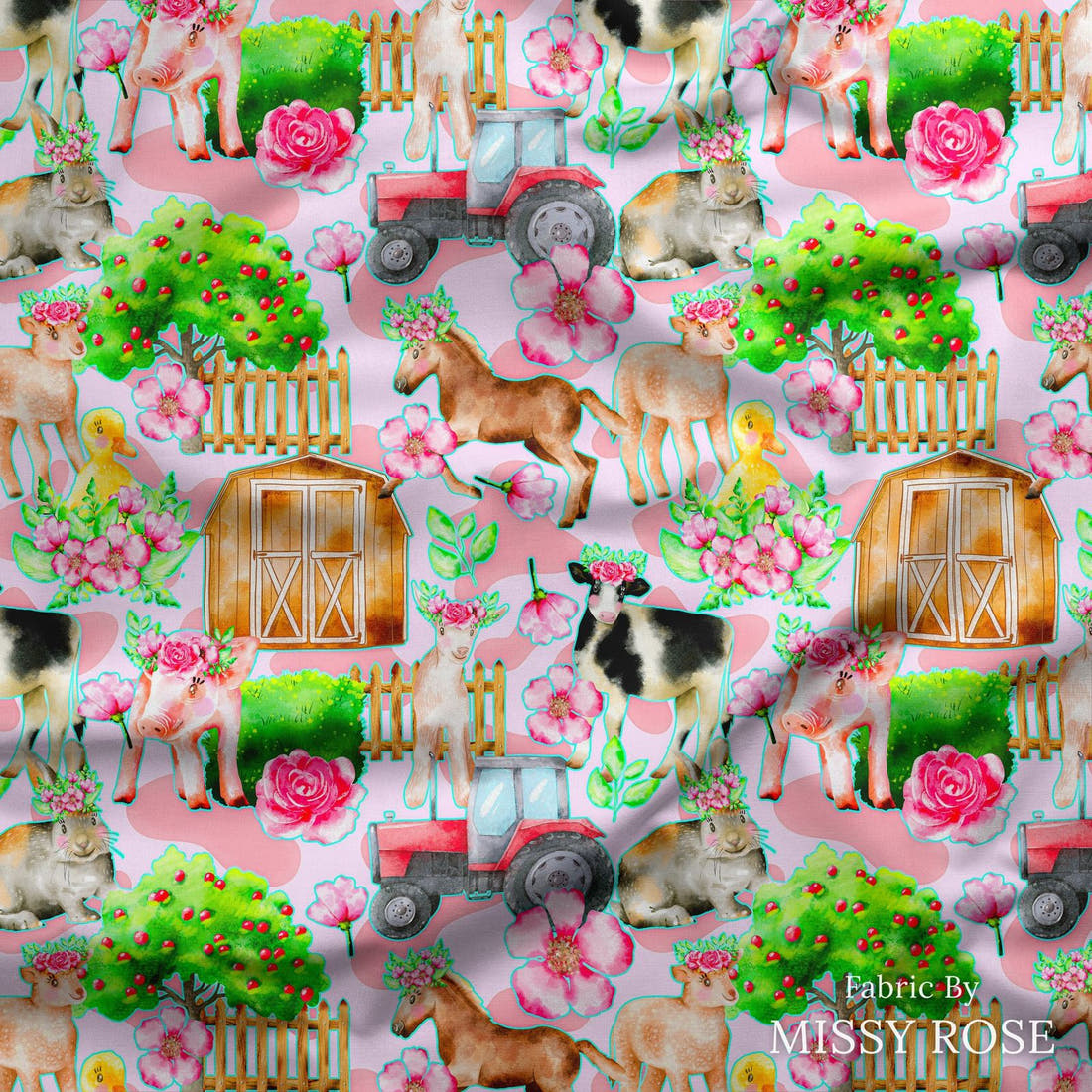 Design 3 Pink Farm Fabric draped fabric mockup – custom printed fabric by the metre | Fabric by Missy Rose