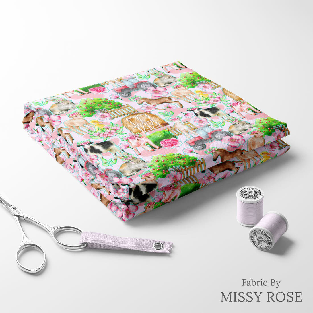 Design 3 Pink Farm Fabric folded fabric stack with matching thread – pre-order fabric Australia | Fabric by Missy Rose