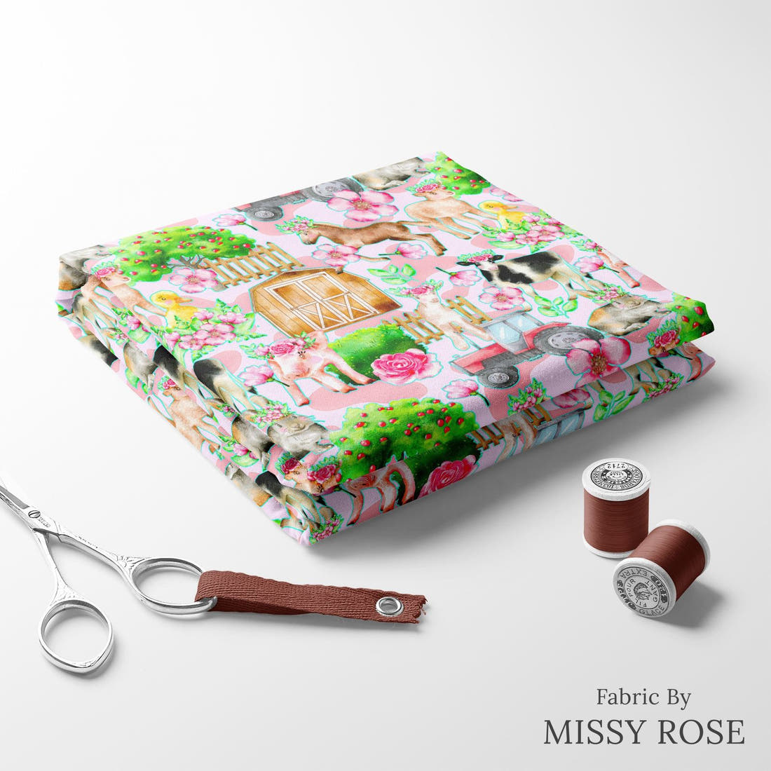 Design 3 Pink Farm Fabric folded fabric stack with matching thread – pre-order fabric Australia | Fabric by Missy Rose