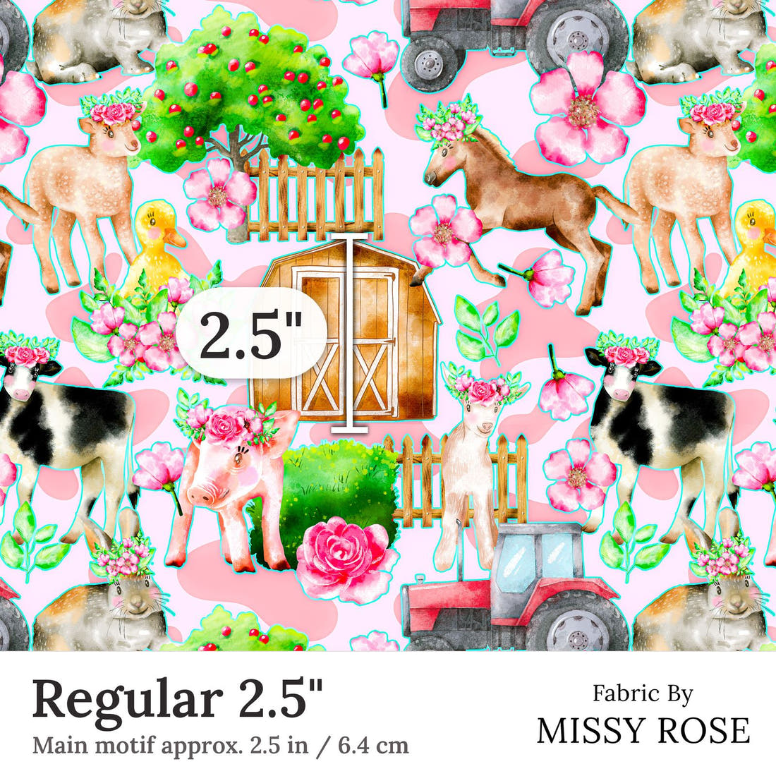 Design 3 Pink Farm Fabric Regular 2.5 inch print scale guide | Fabric by Missy Rose