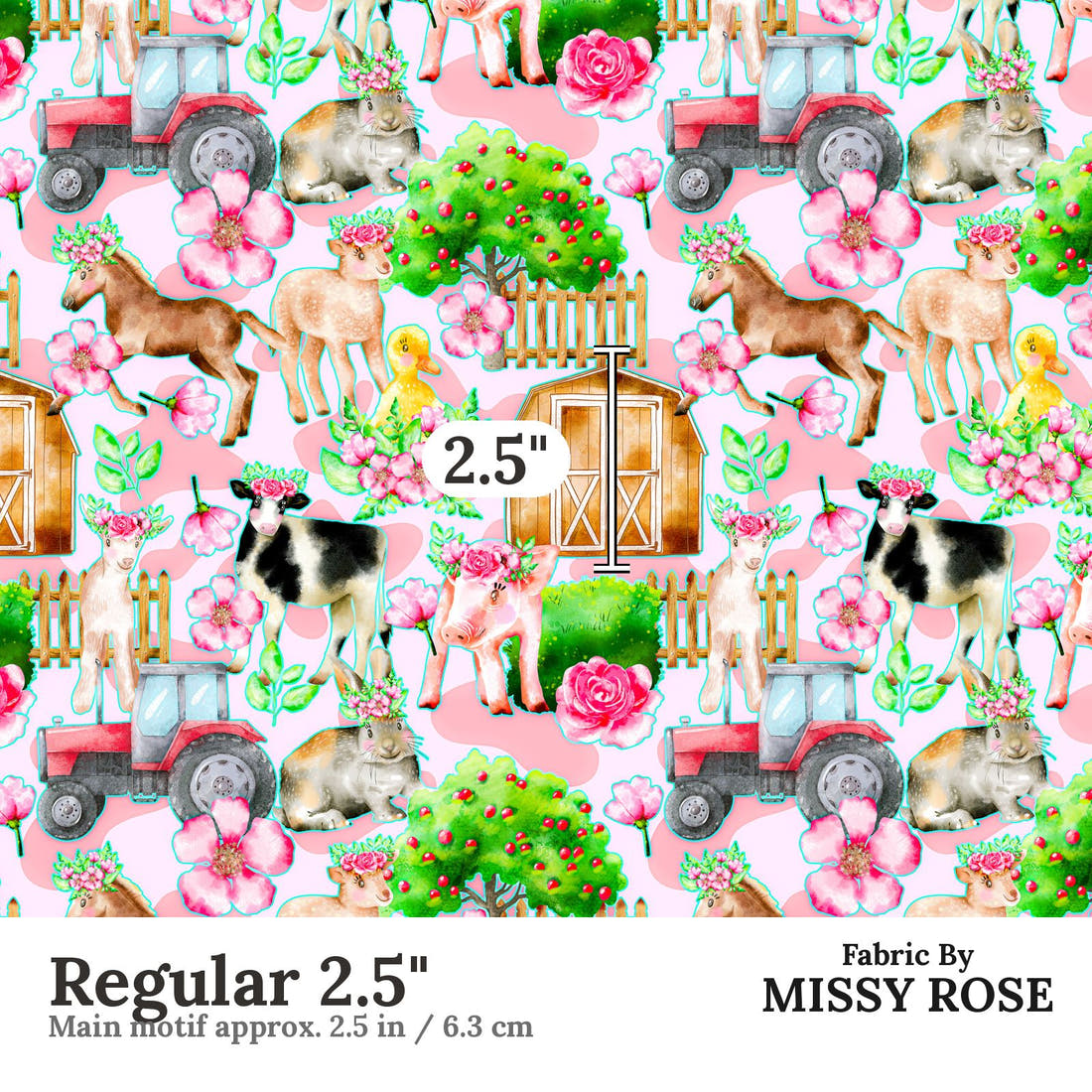 Design 3 Pink Farm Fabric Regular 2.5" - print scale | Fabric by Missy Rose