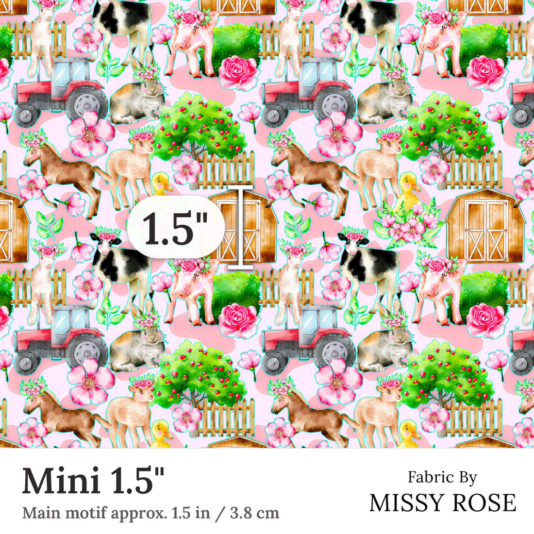 Design 3 Pink Farm Fabric Mini 1.5 inch print scale guide | Fabric by Missy Rose