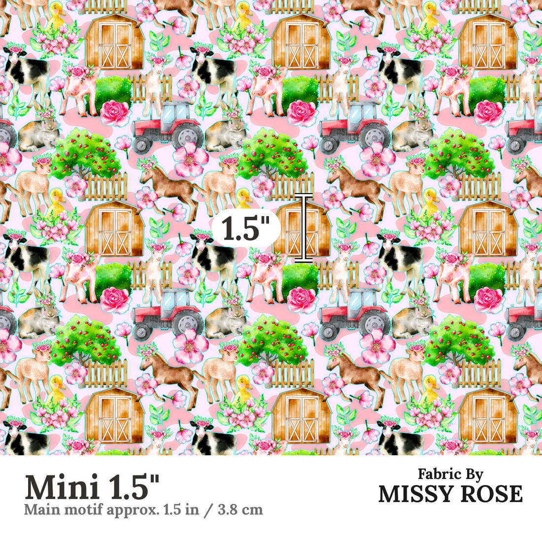 Design 3 Pink Farm Fabric Mini 1.5" - print scale | Fabric by Missy Rose