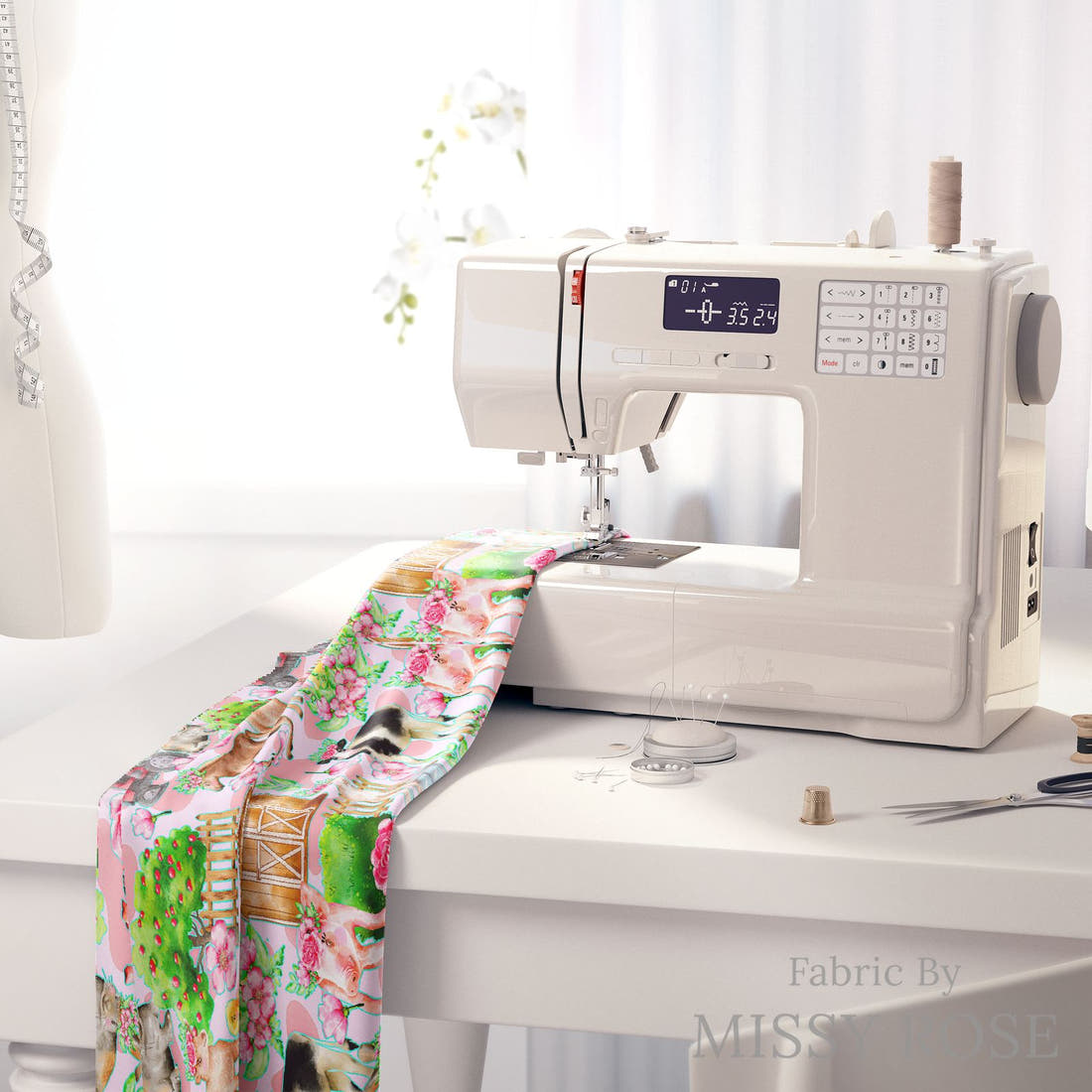 Design 3 Pink Farm Fabric on a sewing machine – premium fabric for sewing projects | Fabric by Missy Rose