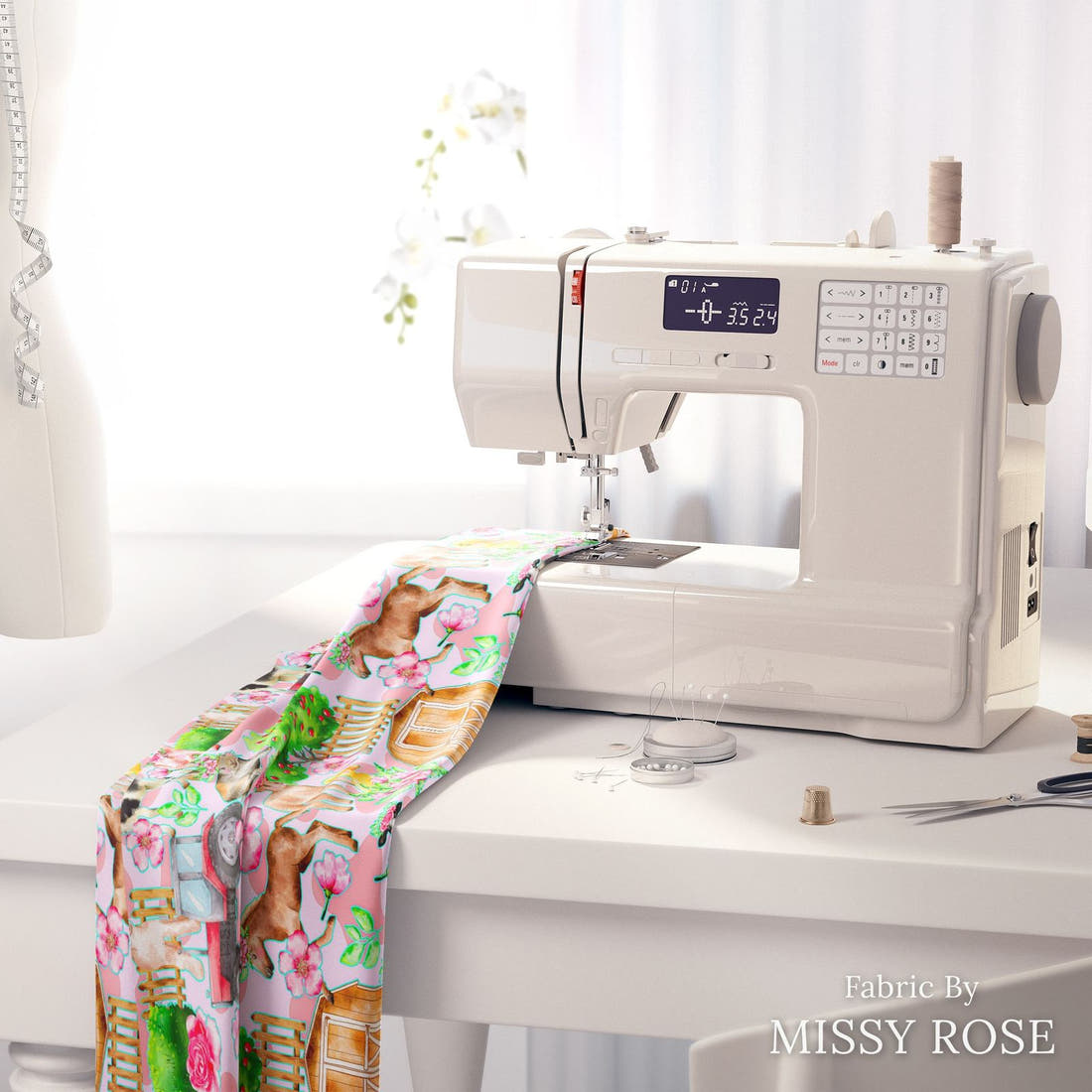 Design 3 Pink Farm Fabric on a sewing machine – premium fabric for sewing projects | Fabric by Missy Rose