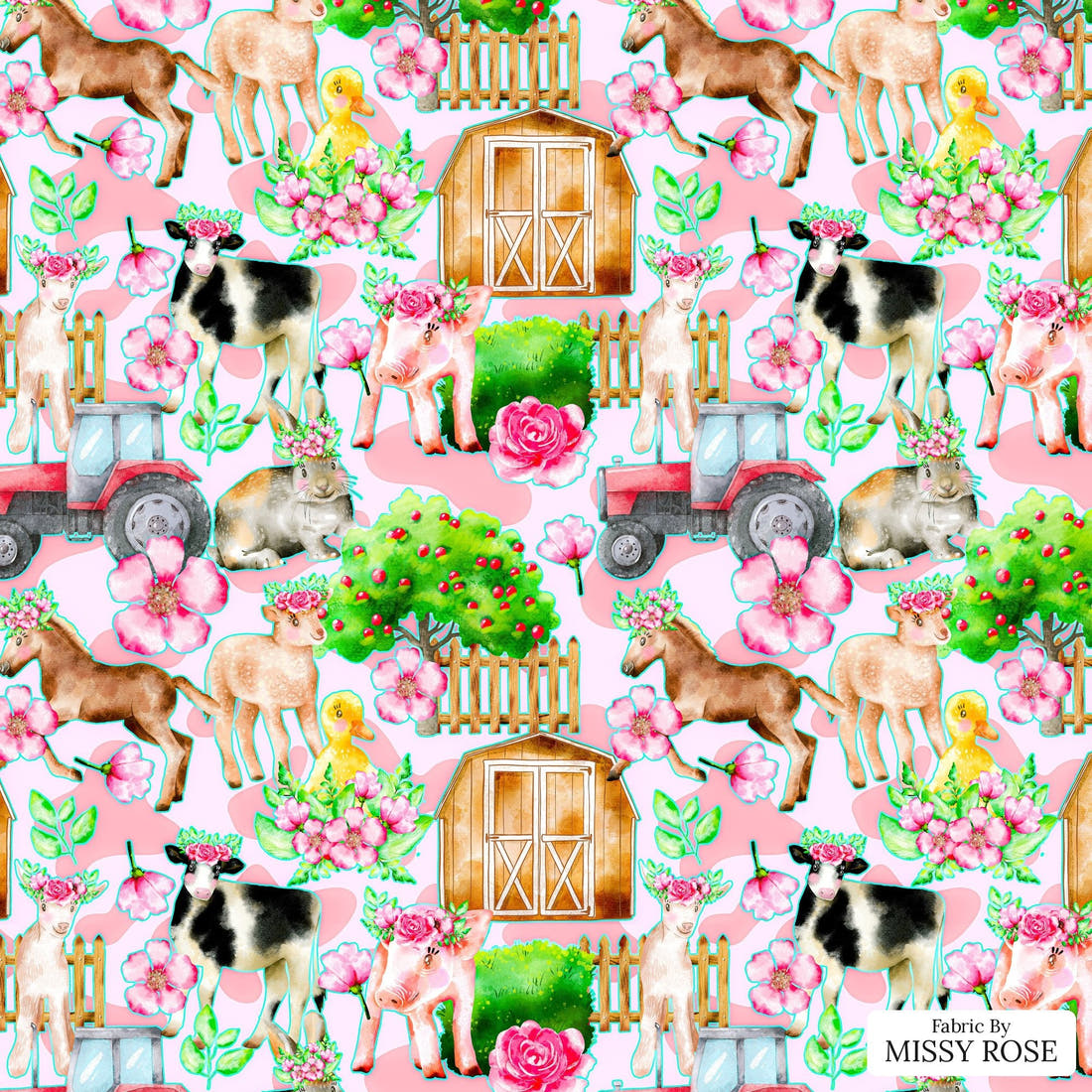 Design 3 Pink Farm Fabric - flat view of the print, zoom in for detail | Fabric by Missy Rose