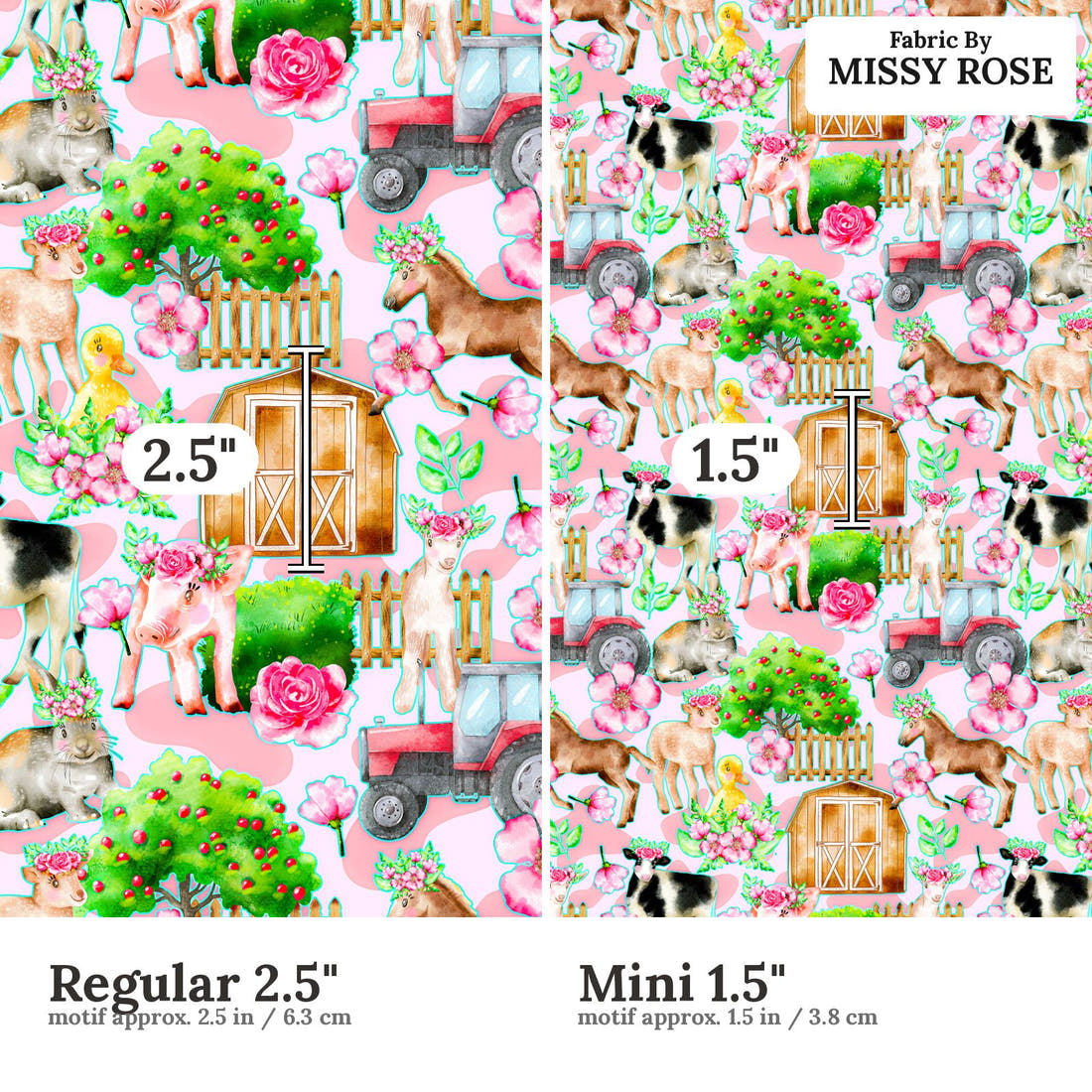 Design 3 Pink Farm Fabric size comparison - print scale | Fabric by Missy Rose