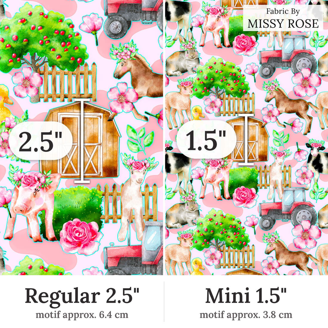 Design 3 Pink Farm Fabric Regular 2.5 inch vs Mini 1.5 inch print scale side by side | Fabric by Missy Rose