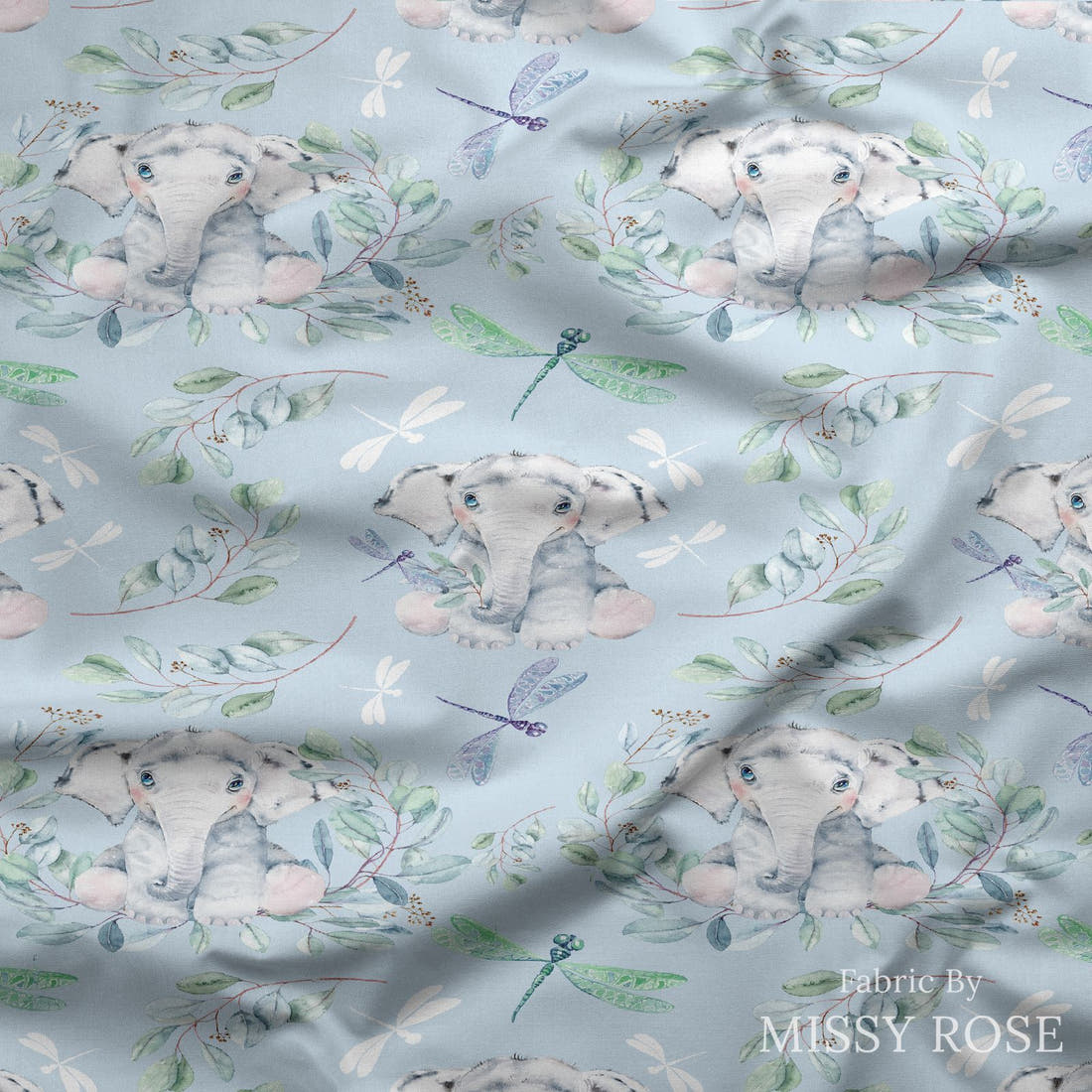 Design 30 Baby Elephant Fabric draped fabric mockup – custom printed fabric by the metre | Fabric by Missy Rose