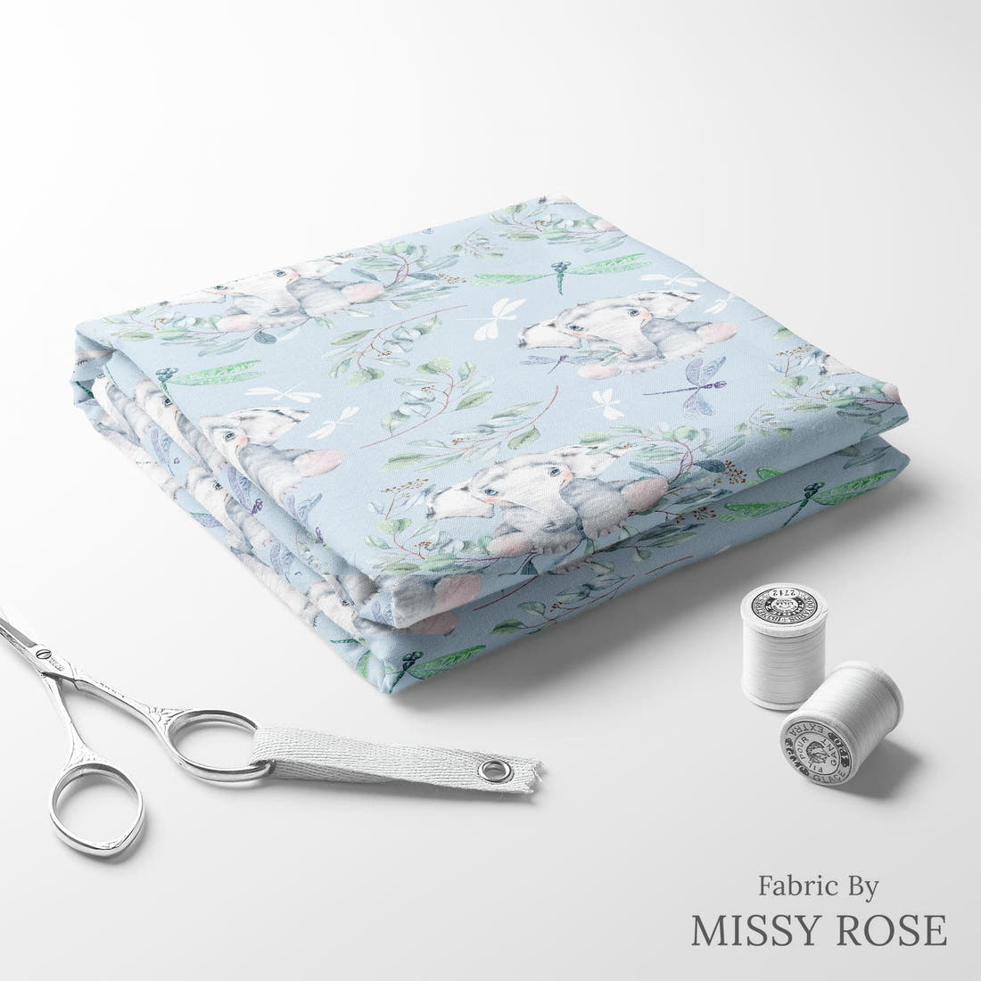 Design 30 Baby Elephant Fabric folded fabric stack with matching thread – pre-order fabric Australia | Fabric by Missy Rose
