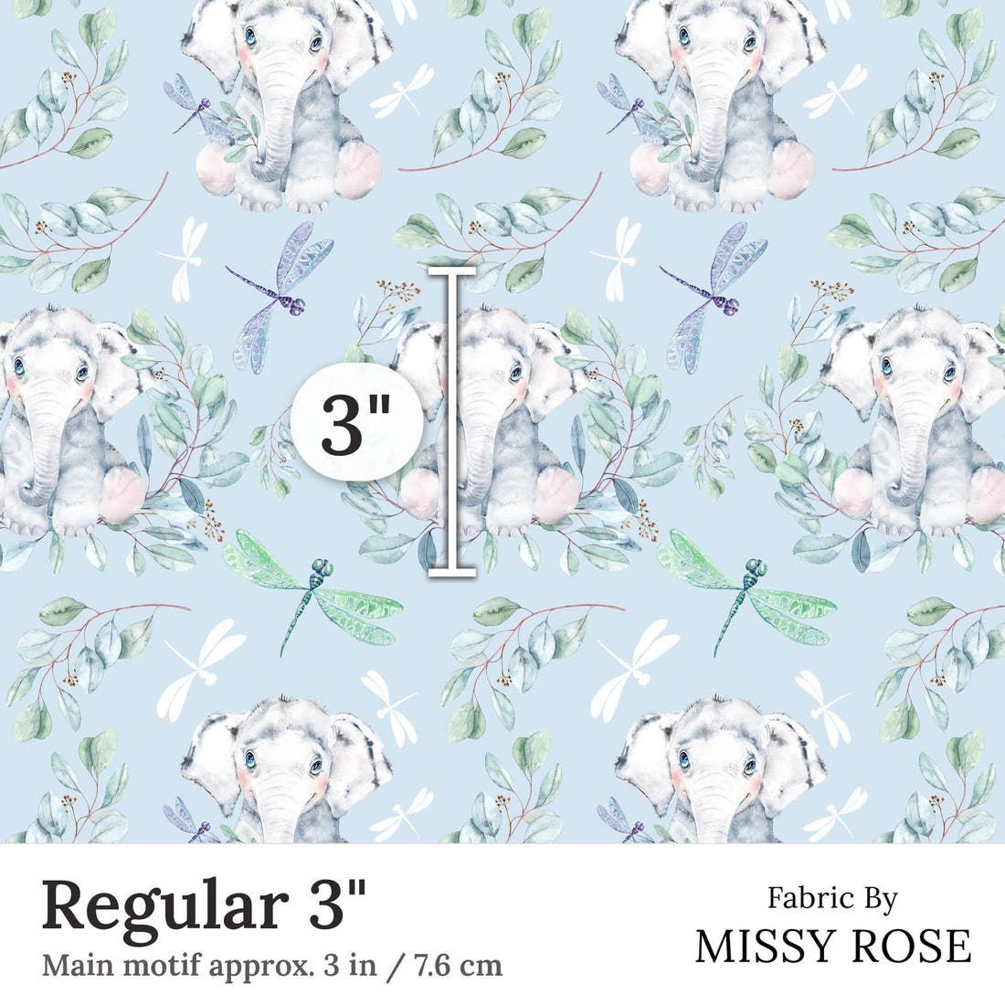 Design 30 Baby Elephant Fabric Regular 3 inch print scale guide | Fabric by Missy Rose