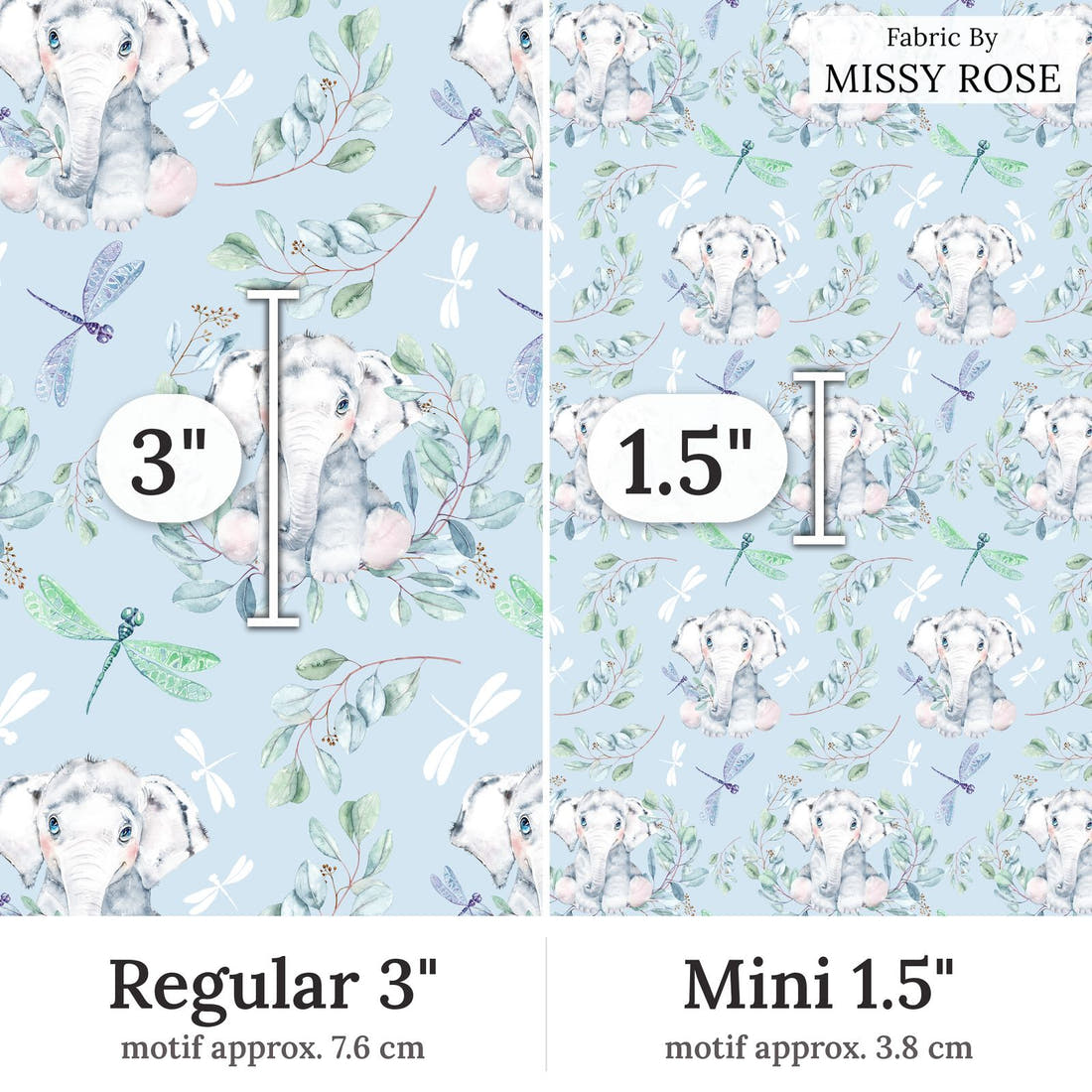 Design 30 Baby Elephant Fabric Regular 3 inch vs Mini 1.5 inch print scale side by side | Fabric by Missy Rose