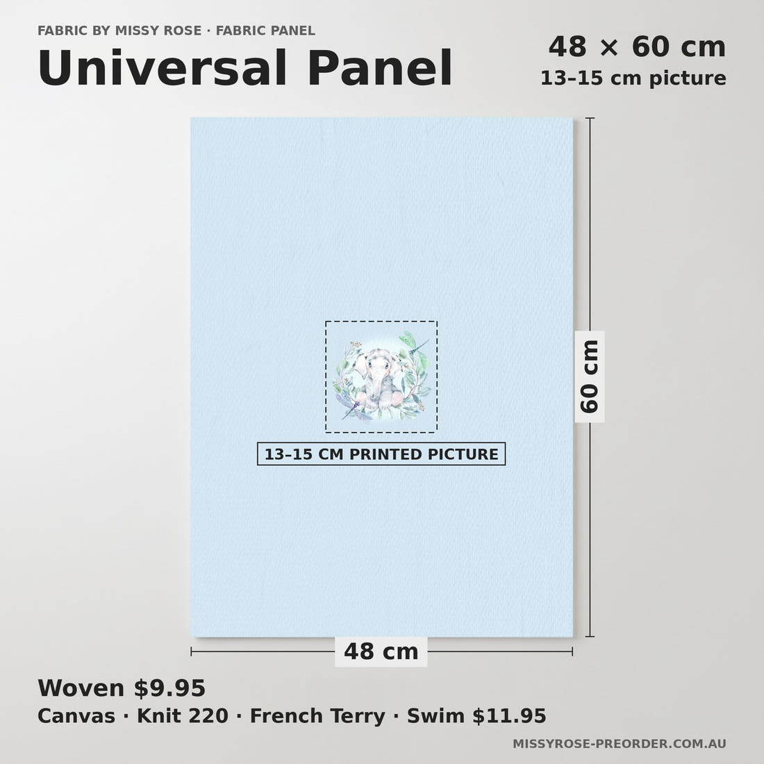Design 30 Baby Elephant Panel universal panel sizing – 13–15 cm printed picture on 48 × 60 cm fabric | Fabric by Missy Rose