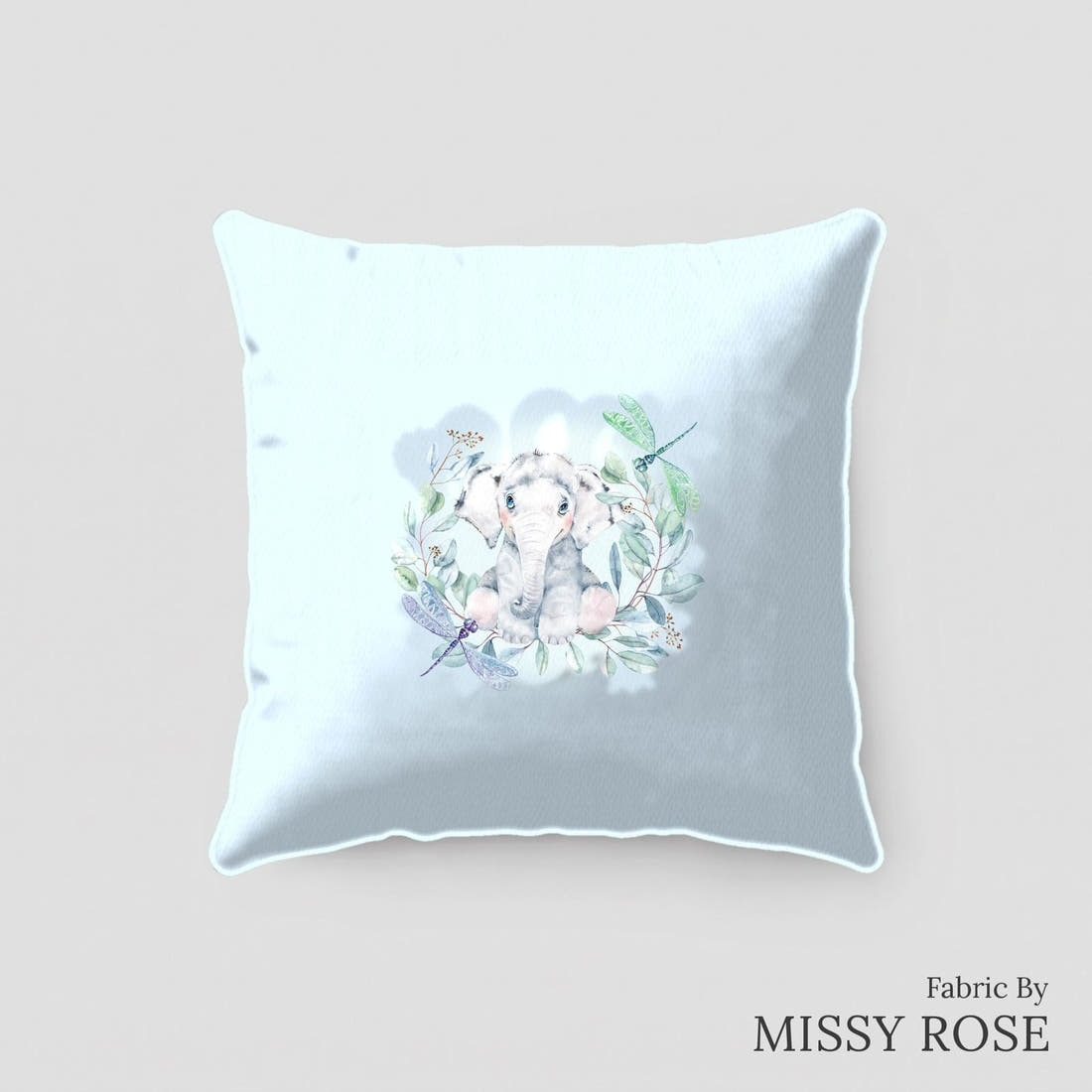 Design 30 Baby Elephant Panel sewn into a cushion – see how the panel looks made up | Fabric by Missy Rose
