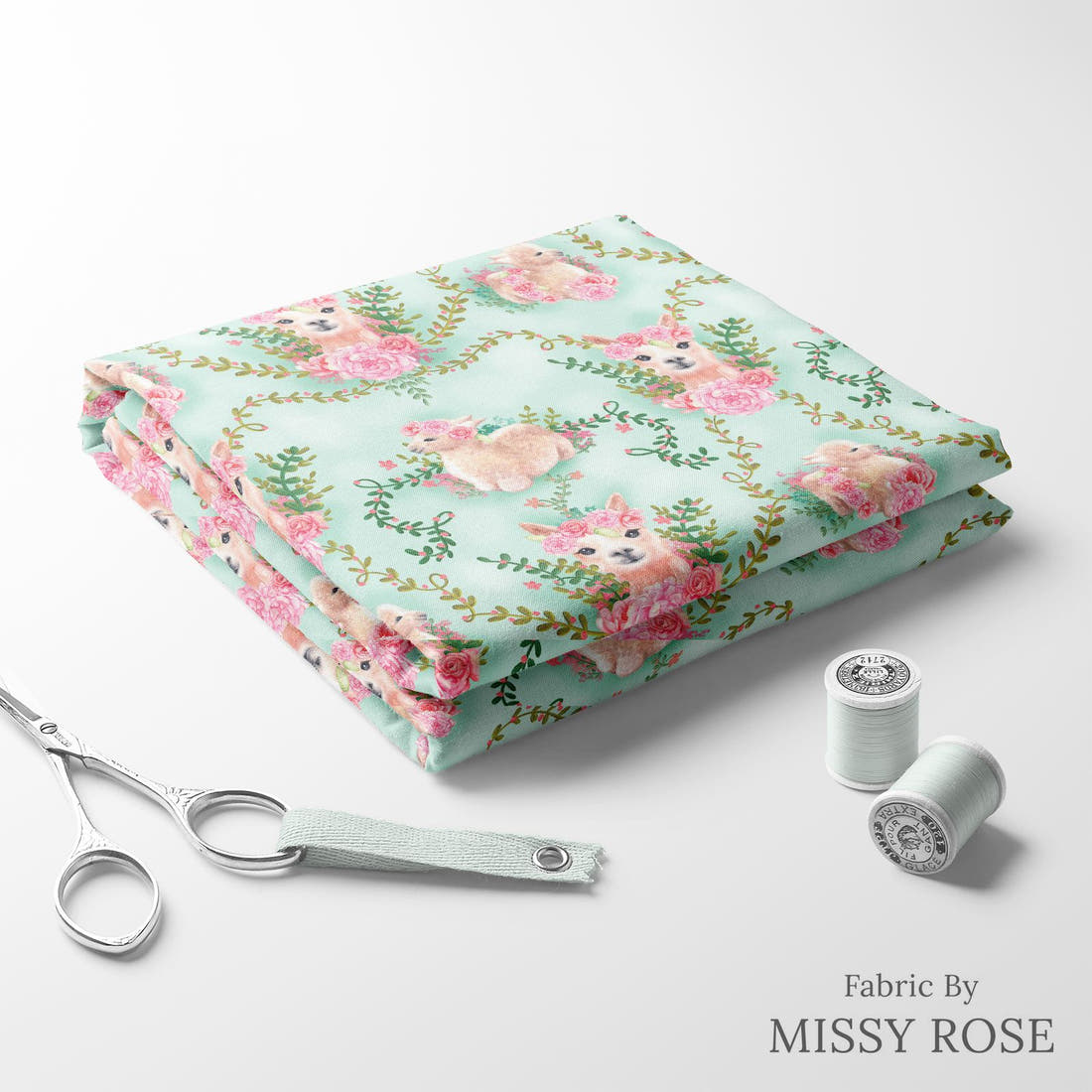 Design 300 Floral Alpaca Fabric folded fabric stack with matching thread – pre-order fabric Australia | Fabric by Missy Rose