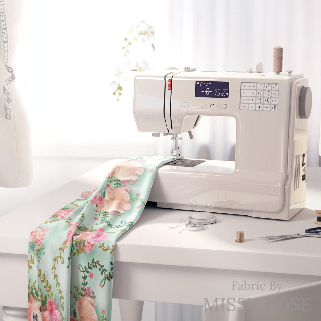 Design 300 Floral Alpaca Fabric on a sewing machine – premium fabric for sewing projects | Fabric by Missy Rose