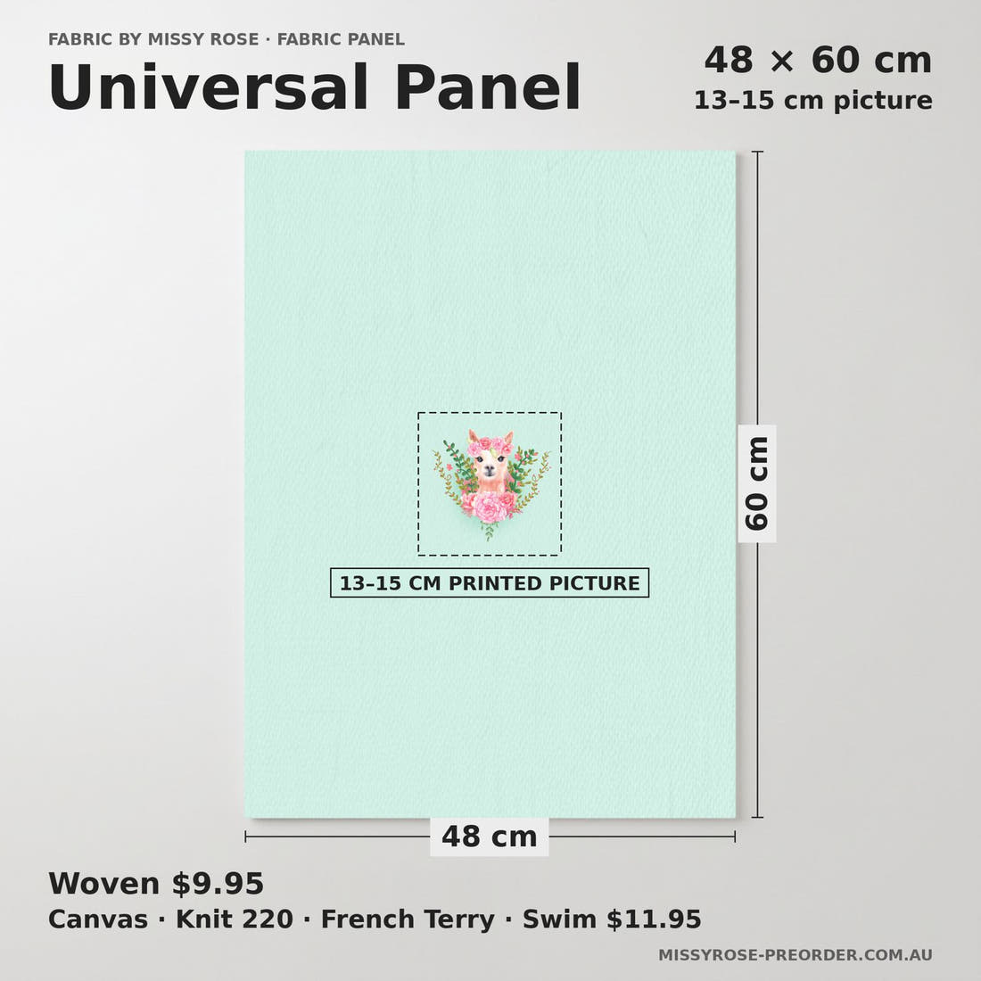 Design 300 Floral Alpaca Panel universal panel sizing – 13–15 cm printed picture on 48 × 60 cm fabric | Fabric by Missy Rose