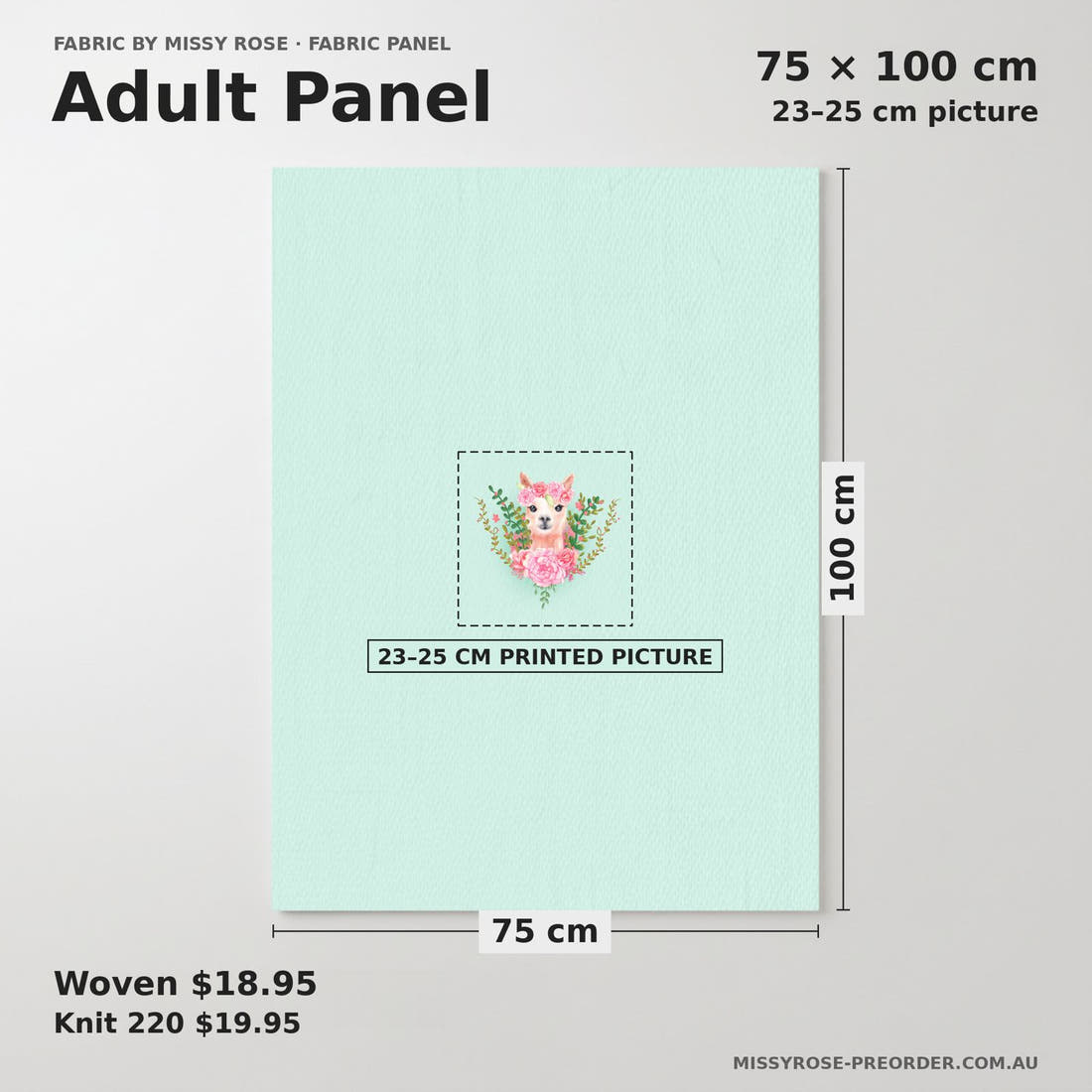 Design 300 Floral Alpaca Panel adult panel sizing – 23–25 cm printed picture on 75 × 100 cm fabric | Fabric by Missy Rose