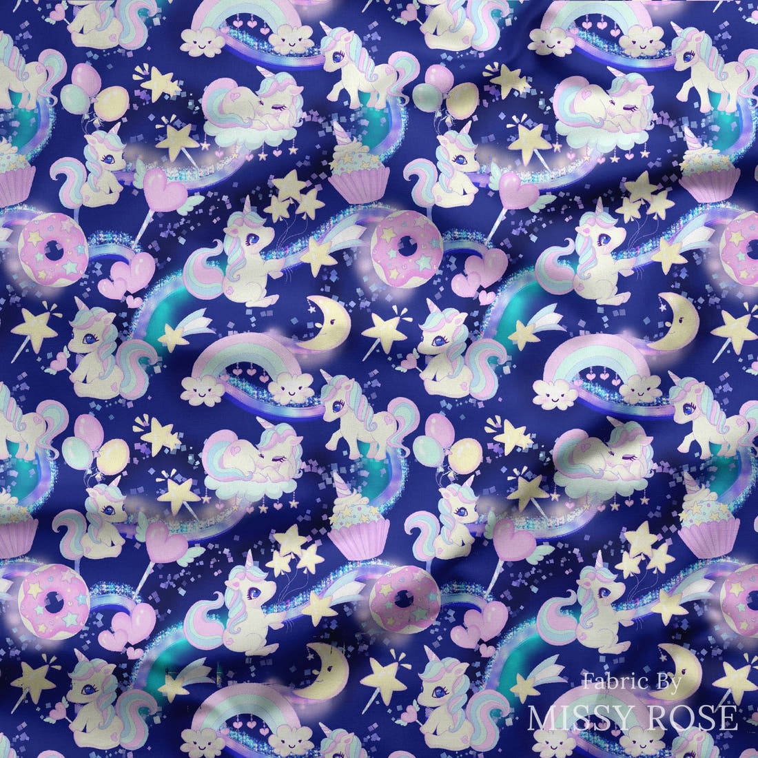 Design 301 Baby Unicorn Fabric draped fabric mockup – custom printed fabric by the metre | Fabric by Missy Rose
