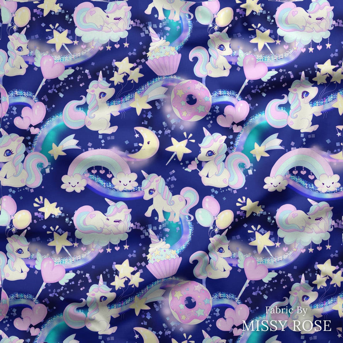 Design 301 Baby Unicorn Fabric draped fabric mockup – custom printed fabric by the metre | Fabric by Missy Rose