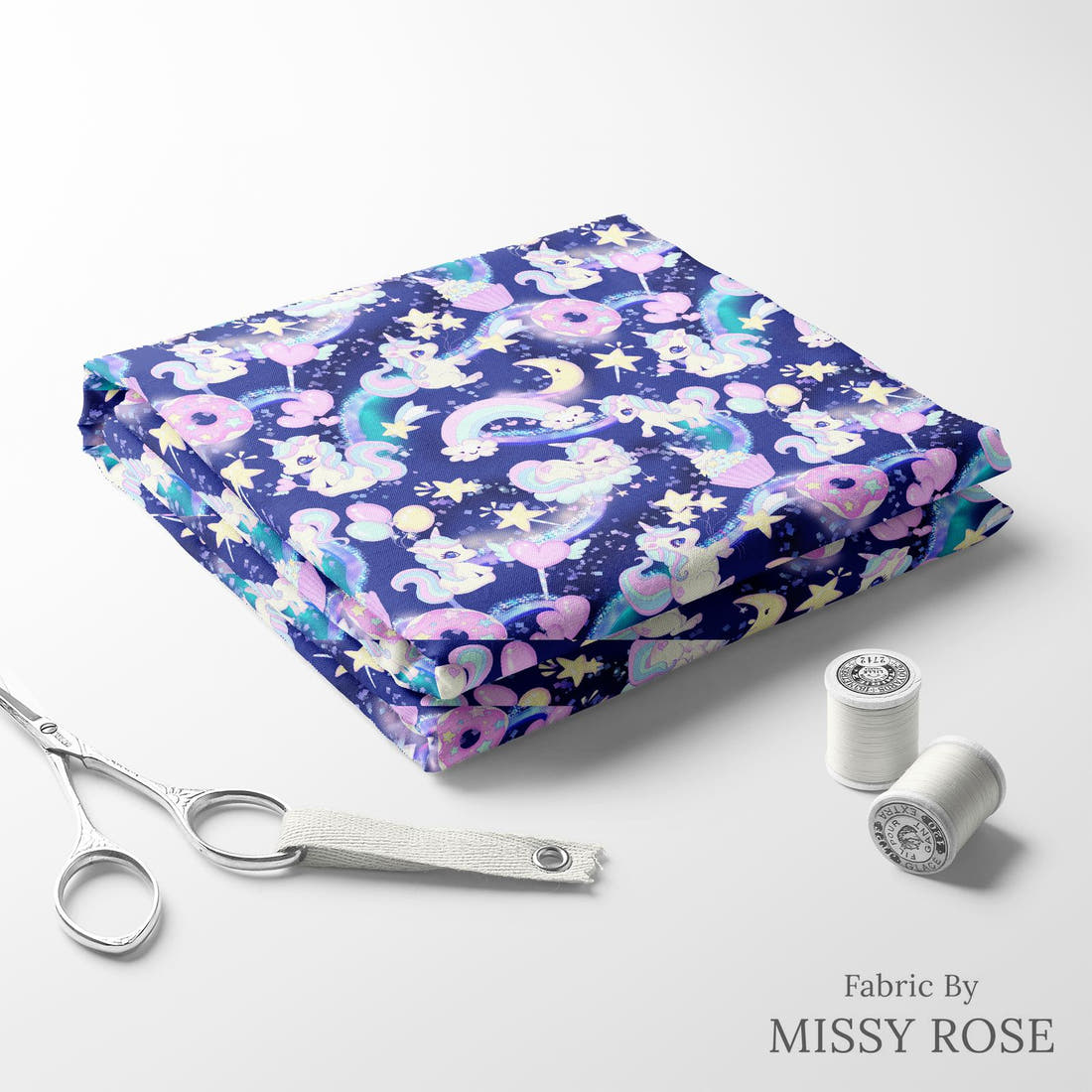 Design 301 Baby Unicorn Fabric folded fabric stack with matching thread – pre-order fabric Australia | Fabric by Missy Rose
