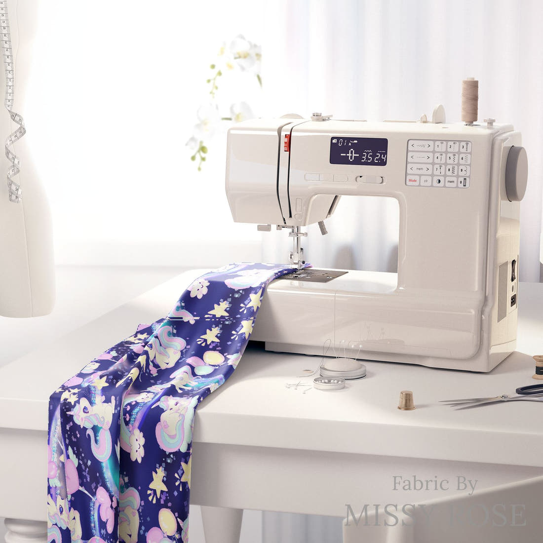 Design 301 Baby Unicorn Fabric on a sewing machine – premium fabric for sewing projects | Fabric by Missy Rose