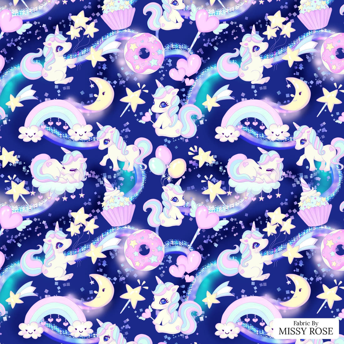 Design 301 Baby Unicorn Fabric - flat view of the print, zoom in for detail | Fabric by Missy Rose