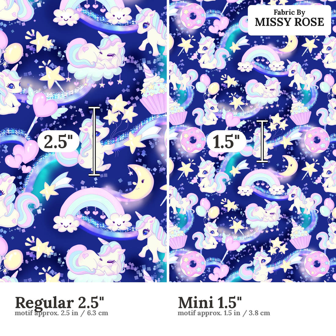 Design 301 Baby Unicorn Fabric size comparison - print scale | Fabric by Missy Rose