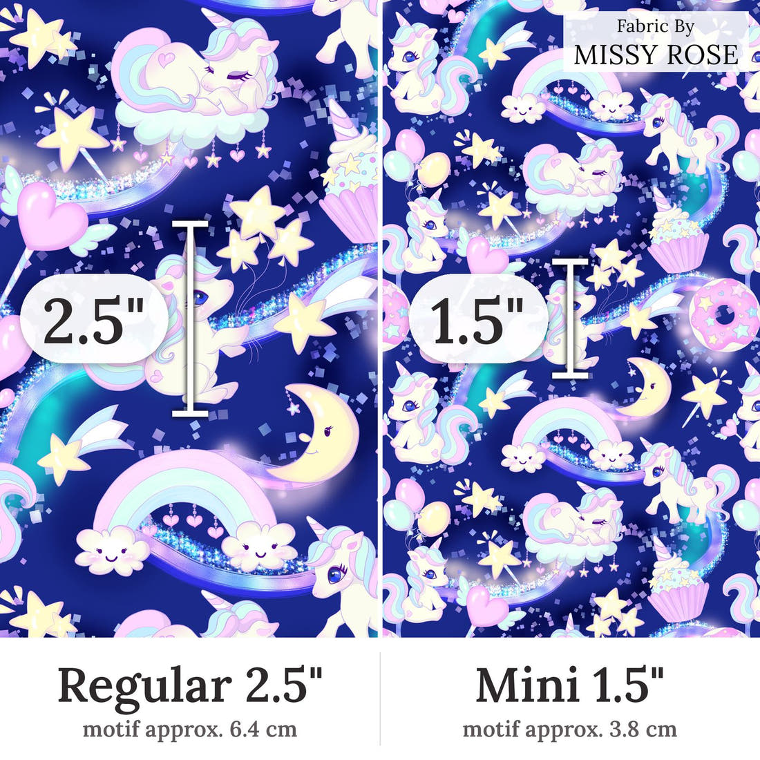 Design 301 Baby Unicorn Fabric Regular 2.5 inch vs Mini 1.5 inch print scale side by side | Fabric by Missy Rose