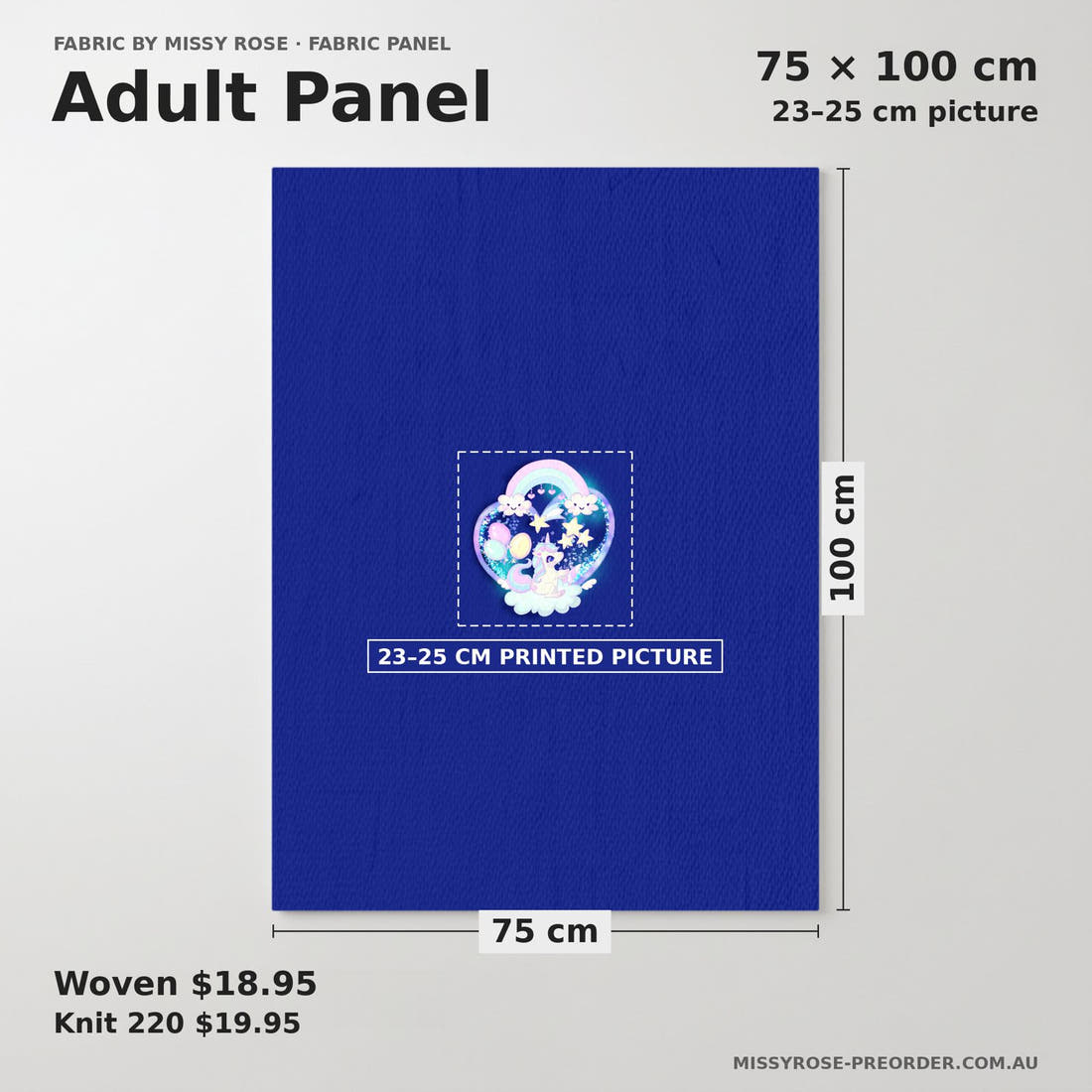 Design 301 Baby Unicorn Panel adult panel sizing – 23–25 cm printed picture on 75 × 100 cm fabric | Fabric by Missy Rose