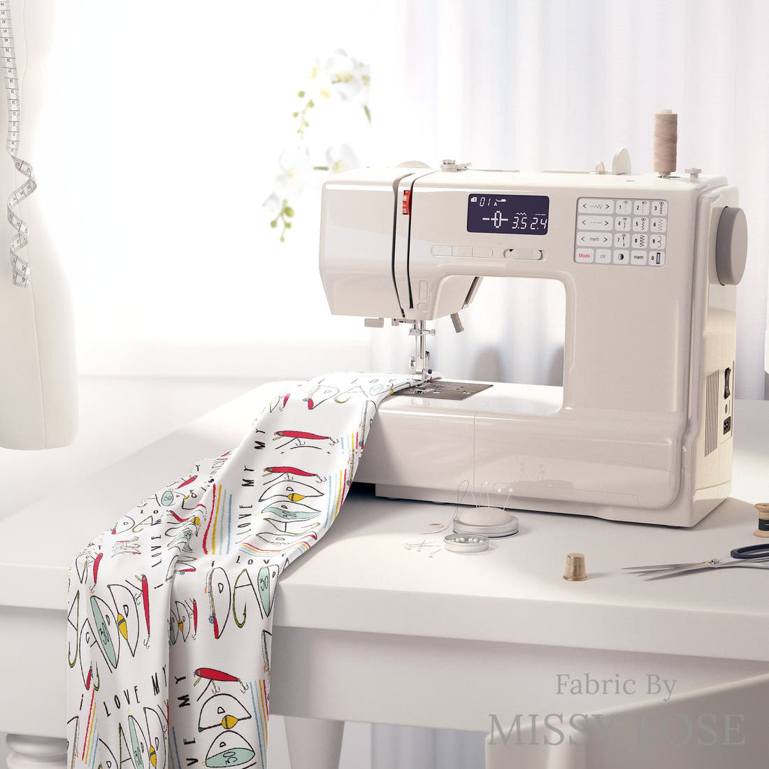 Design 302 Daddy Fabric on a sewing machine – premium fabric for sewing projects | Fabric by Missy Rose