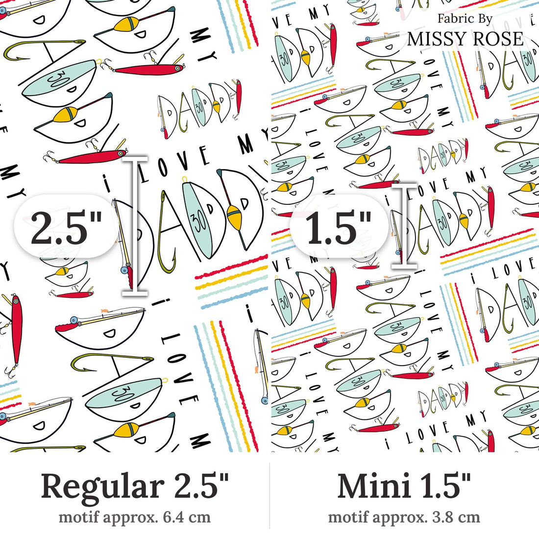 Design 302 Daddy Fabric Regular 2.5 inch vs Mini 1.5 inch print scale side by side | Fabric by Missy Rose