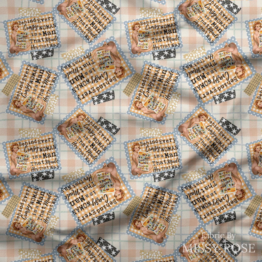 Design 303 Crazy Man Fabric draped fabric mockup – custom printed fabric by the metre | Fabric by Missy Rose