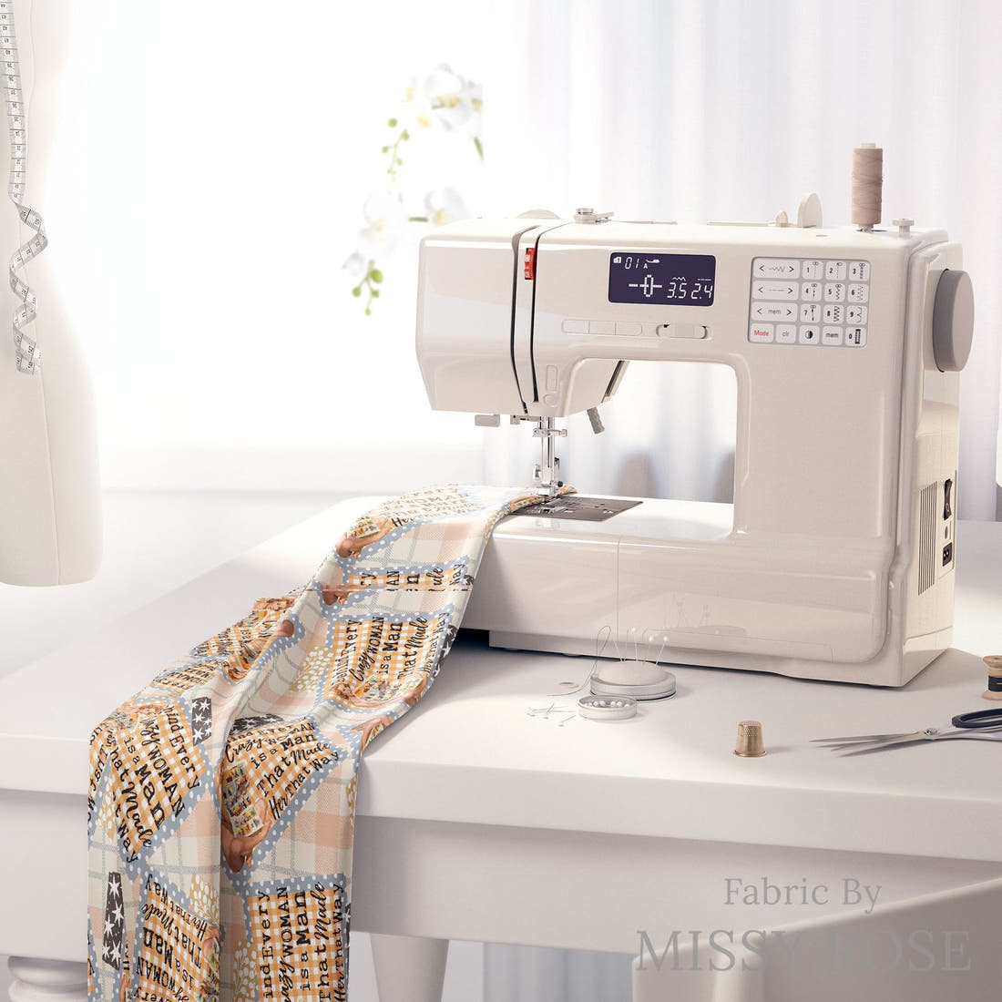 Design 303 Crazy Man Fabric on a sewing machine – premium fabric for sewing projects | Fabric by Missy Rose