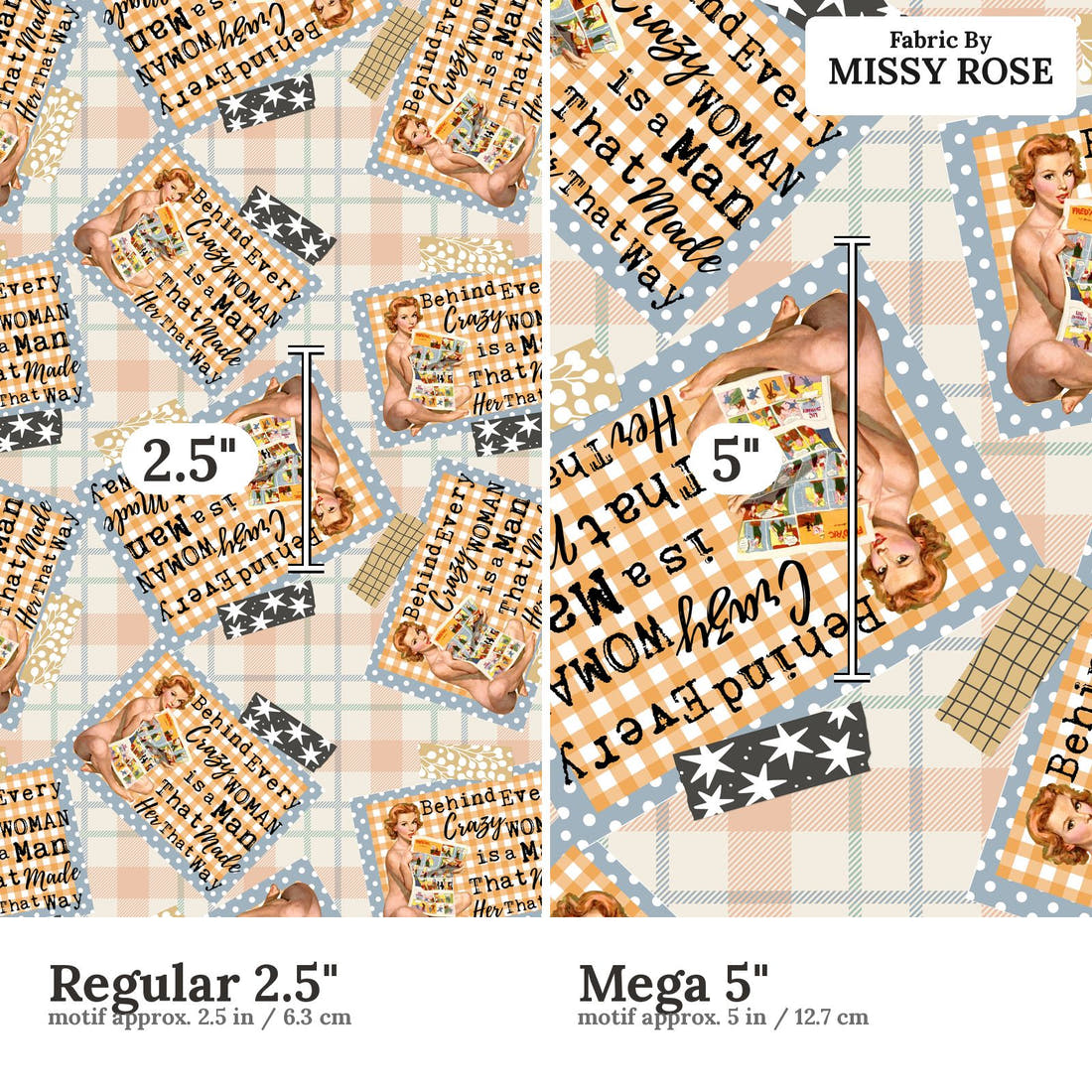 Design 303 Crazy Man Fabric size comparison - print scale | Fabric by Missy Rose