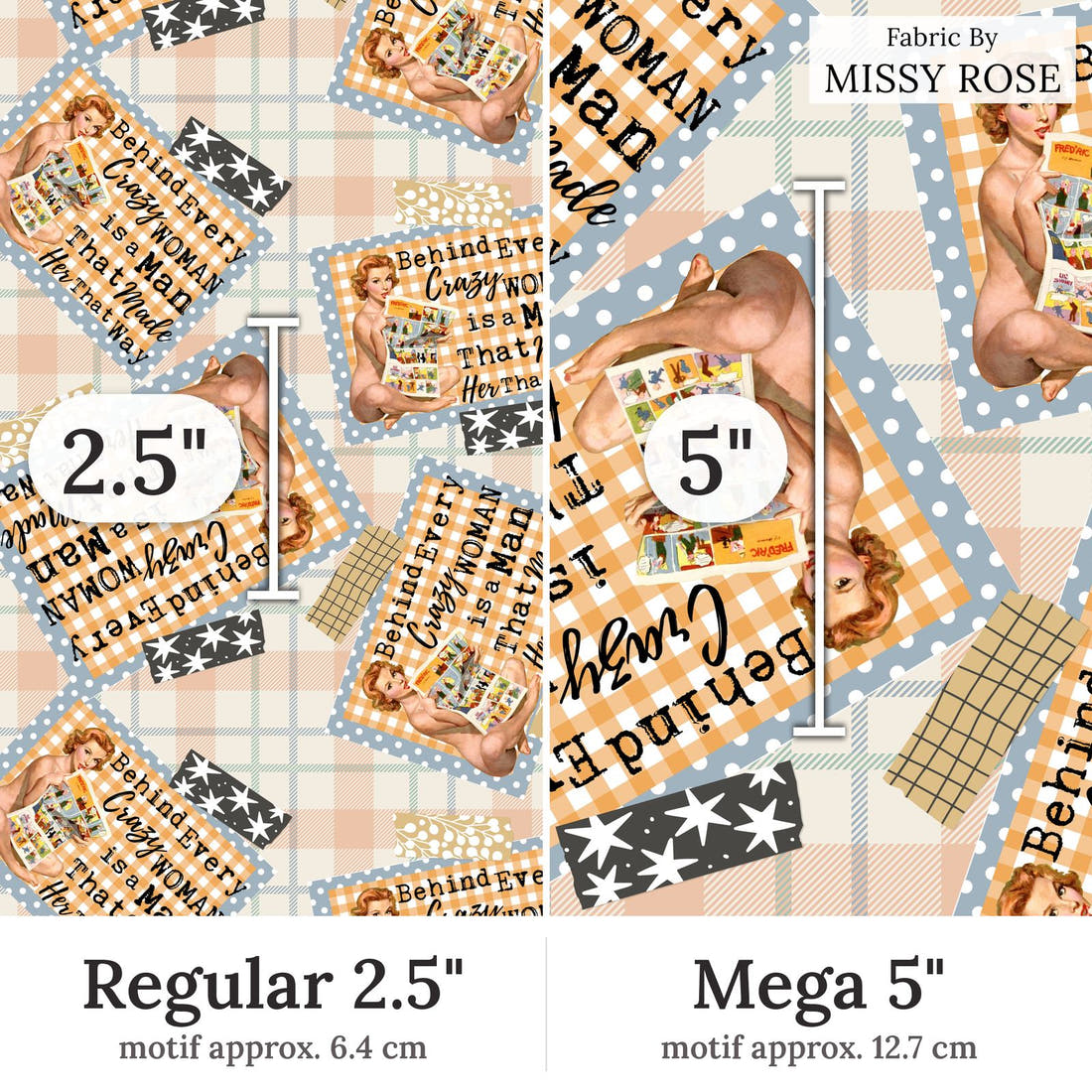 Design 303 Crazy Man Fabric Regular 2.5 inch vs Mega 5 inch print scale side by side | Fabric by Missy Rose