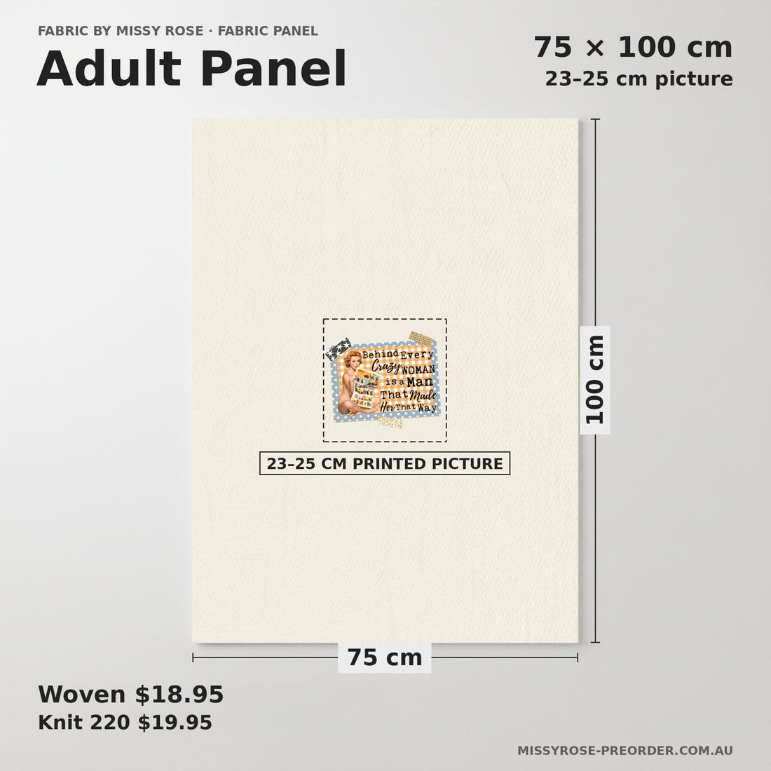 Design 303 Crazy Man Panel adult panel sizing – 23–25 cm printed picture on 75 × 100 cm fabric | Fabric by Missy Rose