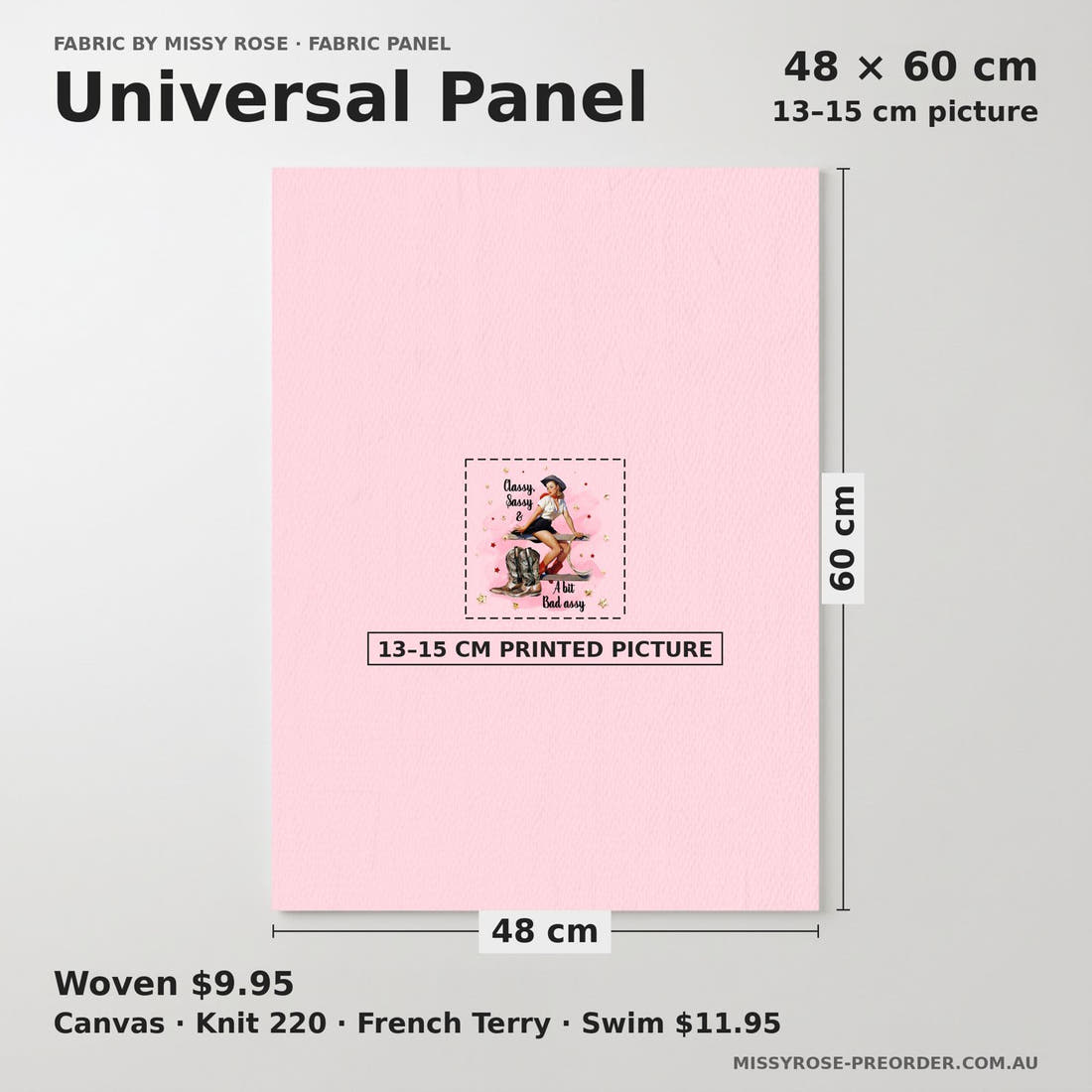 Design 304 Sassy Cowgirl Panel universal panel sizing – 13–15 cm printed picture on 48 × 60 cm fabric | Fabric by Missy Rose