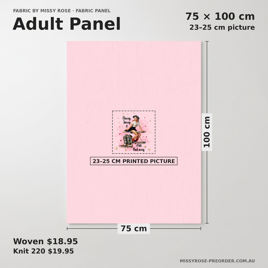 Design 304 Sassy Cowgirl Panel adult panel sizing – 23–25 cm printed picture on 75 × 100 cm fabric | Fabric by Missy Rose