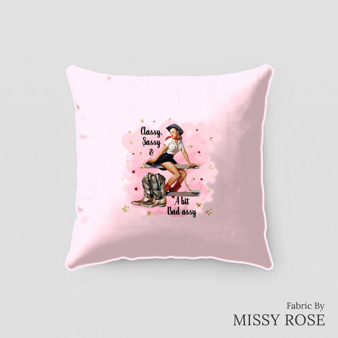 Design 304 Sassy Cowgirl Panel sewn into a cushion – see how the panel looks made up | Fabric by Missy Rose
