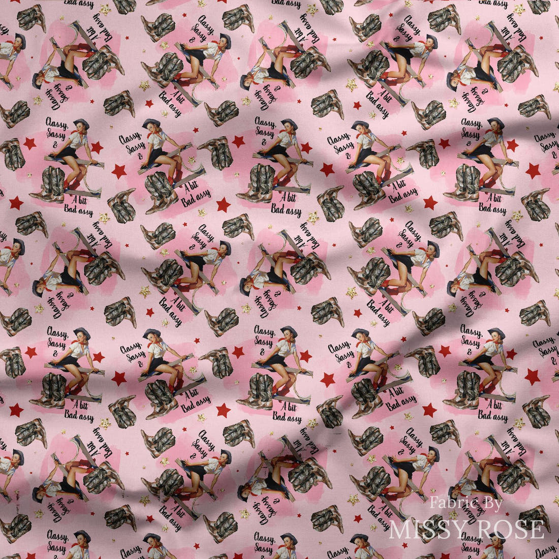 Design 304 Sassy Cowgirl Fabric draped fabric mockup – custom printed fabric by the metre | Fabric by Missy Rose