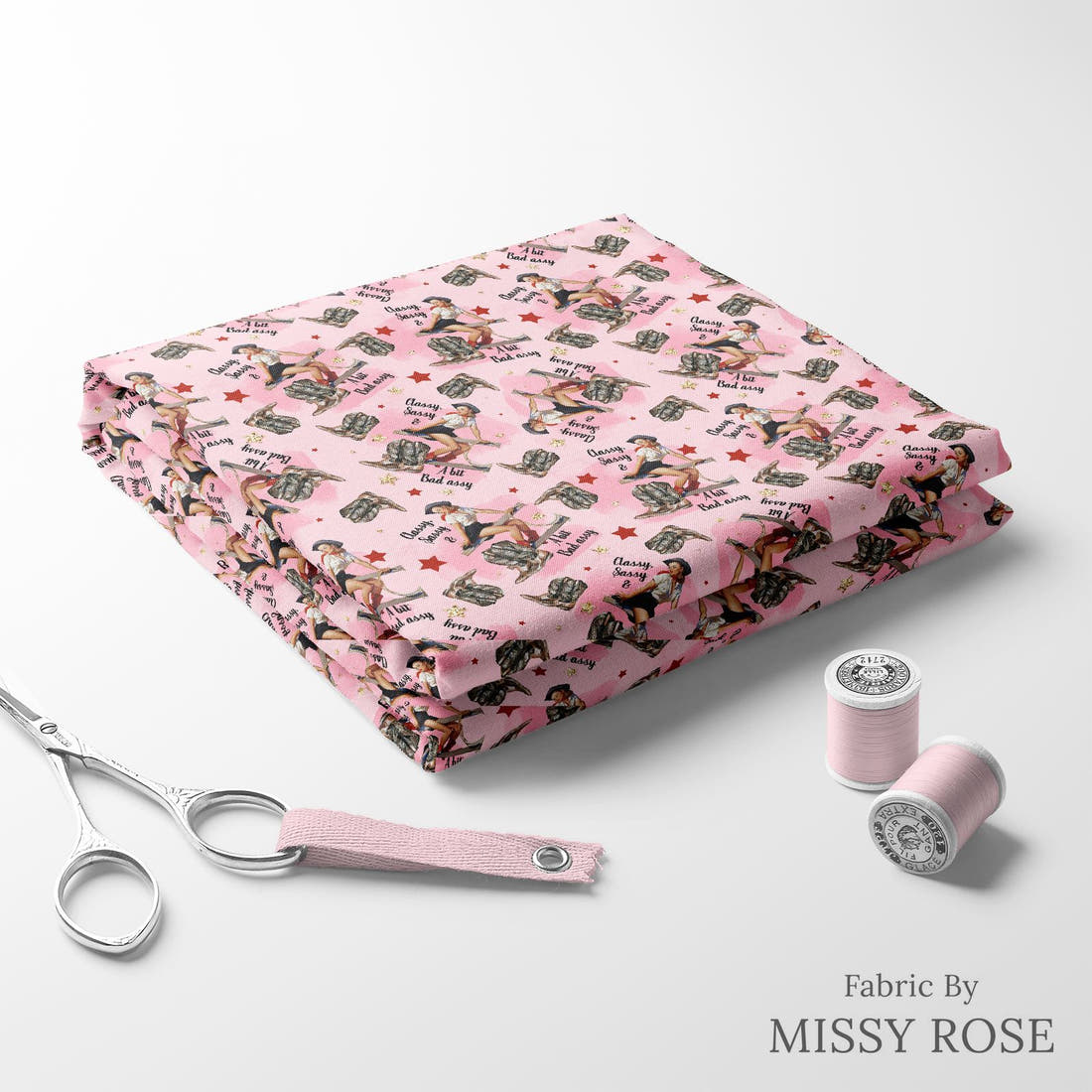 Design 304 Sassy Cowgirl Fabric folded fabric stack with matching thread – pre-order fabric Australia | Fabric by Missy Rose